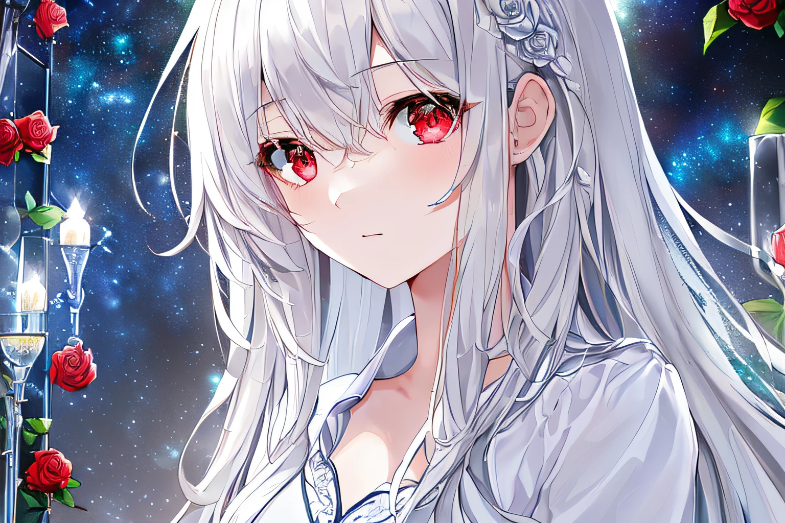 ((Masterpiece, Best Quality)++, Detail Light+, Detail Hair+, 1 Girl, Long Hair, Dark Red Eyes, Beautiful Eyes, Young Gray Hair,,, (Beautiful White Hair: 1.5), (Beautiful Detail Eyes), Starry Sky Decorative Hair, High Resolution +, White Pajamas, White Skirt, Glass Tone, Reflective Eyes, Very Detailed Wallpaper, Original, Natural, Wearing Roses,
