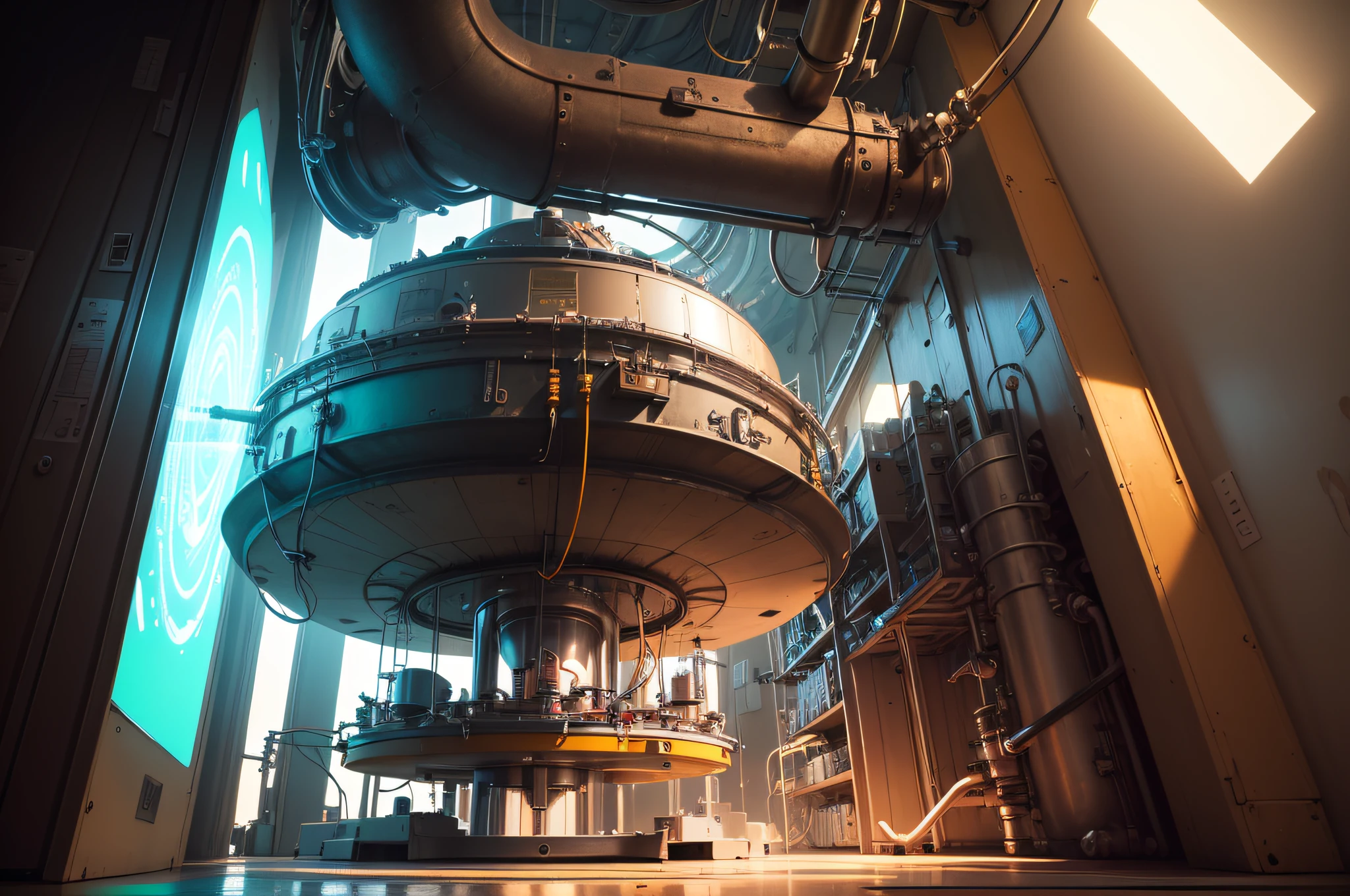 ((photo)), ((best quality)), ((masterpiece)), ((detailed)), a high tech science laboratory with quantum engineering equipment and vivid neon lighting, looking into a massive centrifuge with electric current running thru machines and arcing electricity.