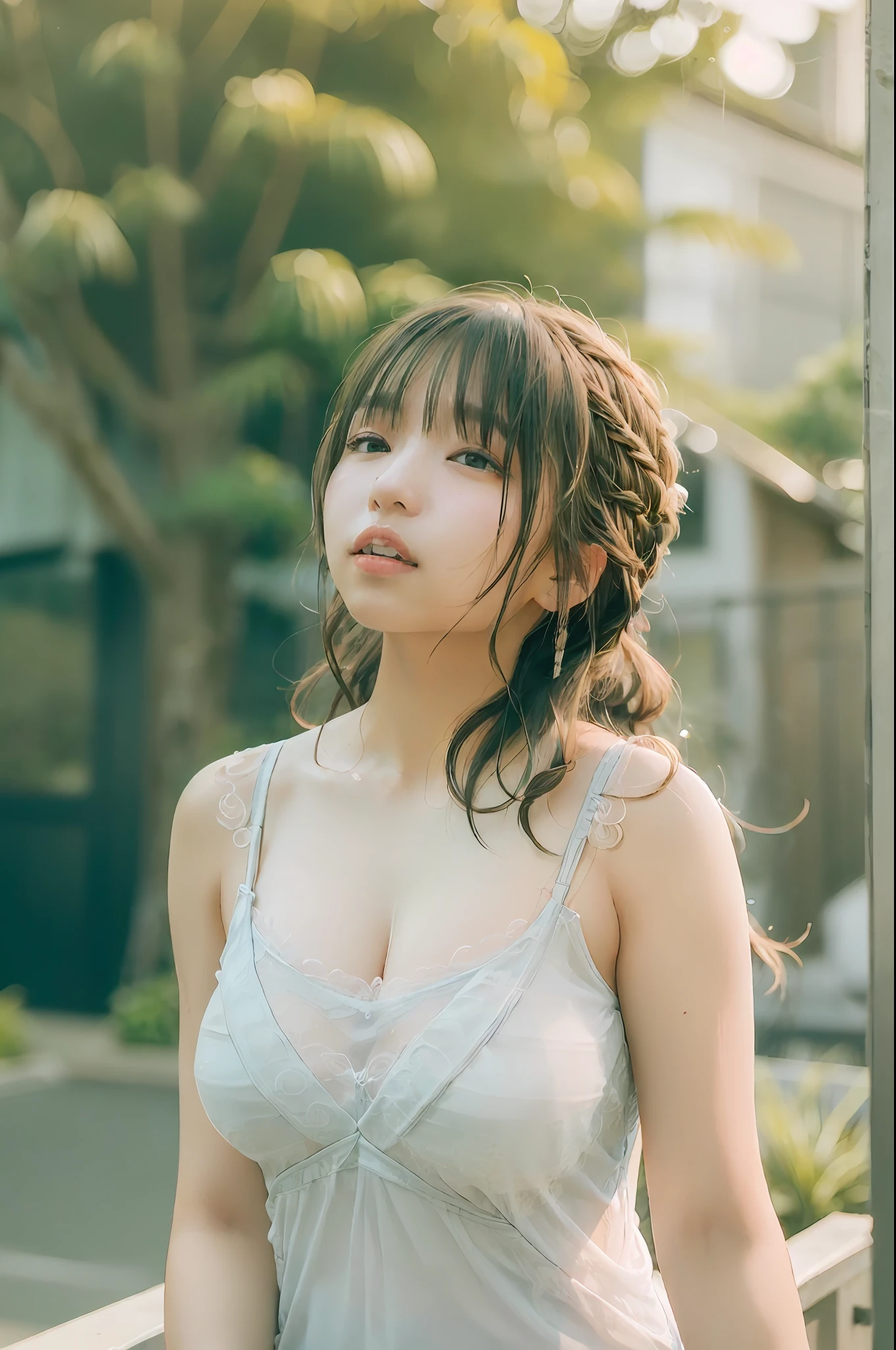 Masterpiece, top quality, 1 girl, (Skindentation), (Huge breasts), (Day), Bright, Blurred background, Outdoors, (Street:0.6), (People, Crowd:1), (Braided bangs, Wavy hair:1.5), (See-through shirt: 1.8), (Camisole:1.8),Gorgeous, (Floating hair:1.2), (Dynamic poses: 1.8), Soft lighting, Wind, Garden