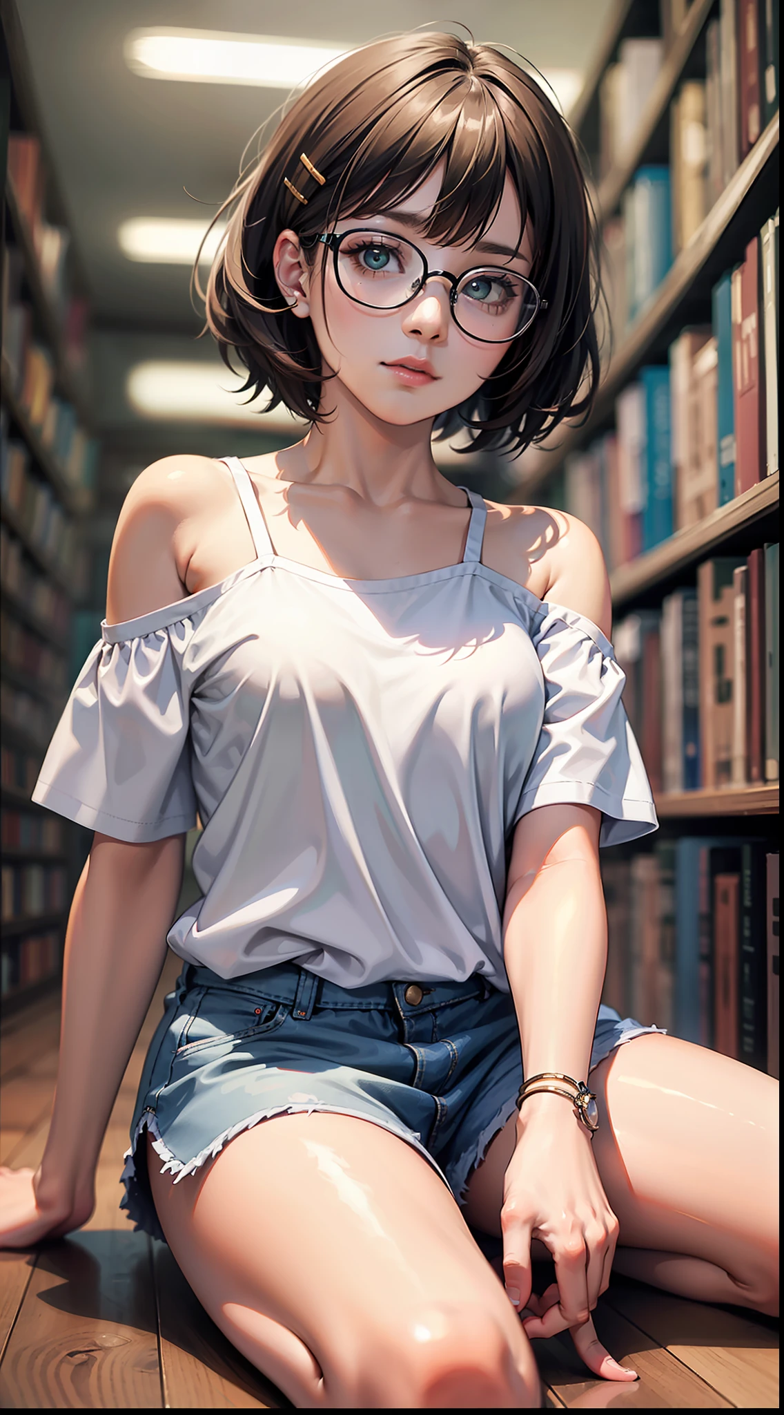 (original), (masterpiece) , (best quality) , (reality:1.3) , photorealistic, Octane rendering, (surreal:1.2) , perfect features,1 girl, colorful,translucent hair, (glowing inner hair),the perfect appearance,brown hair,green eyes,expressionless,sit,book on hand,glasses,short hair,(In the library),looking at viewer,White T-shirt,hairpin,Focus on people,barefoot,bare Shoulder