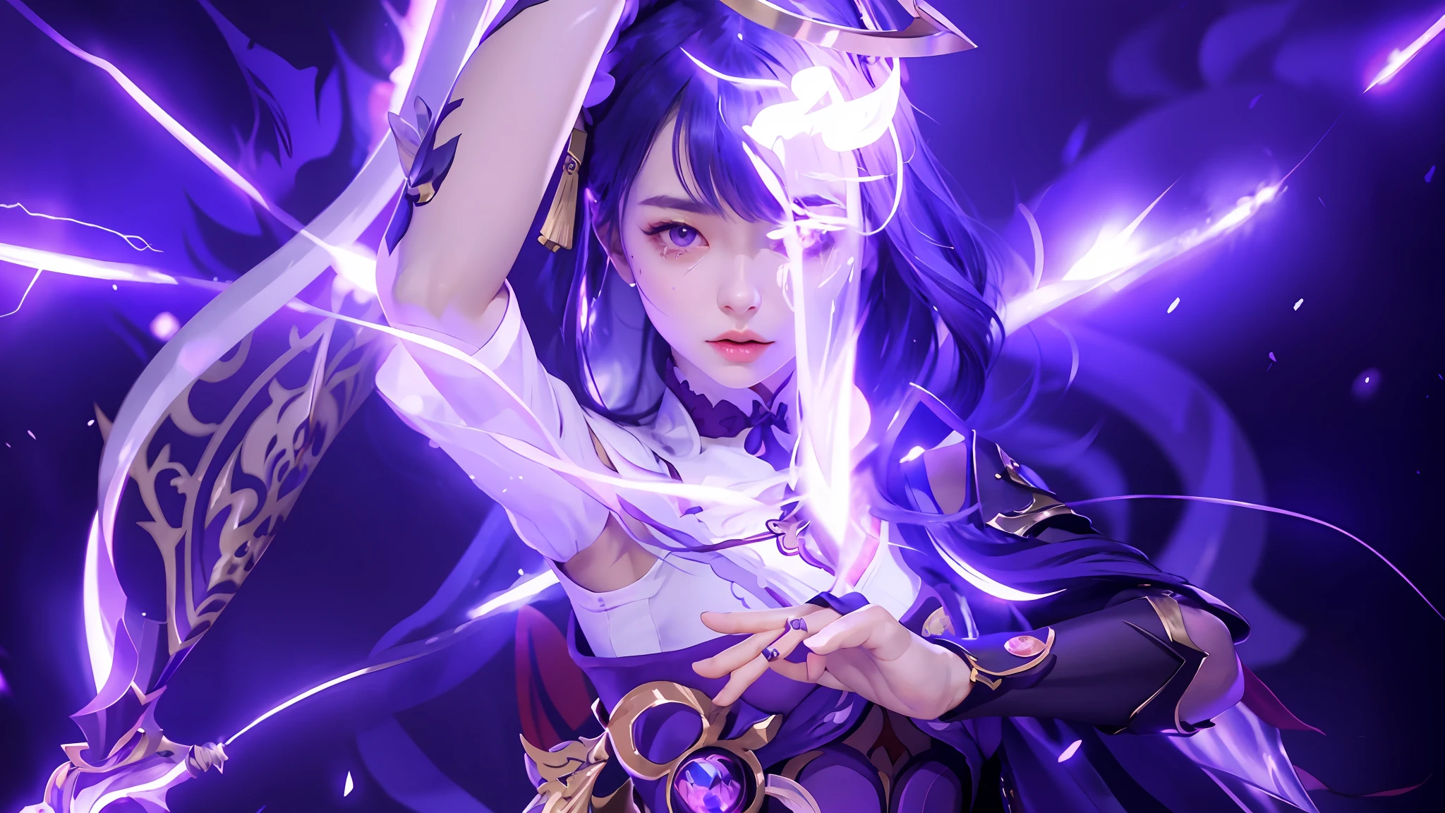 ((realistic, photo style, delicate face, best quality, super detailed)) anime characters with sword and purple lightning in the background, Ayaka Genshin Impact, Ayaka Game Genshin Impact, Genshin Impact Character, Genshin Impact Kokiyo, Genshin Impact Nakata, Should Tear Blood, Genshin Impact Style, Video Game Genshin Impact, Genshin Impact, Overlord's Tears, Genshin