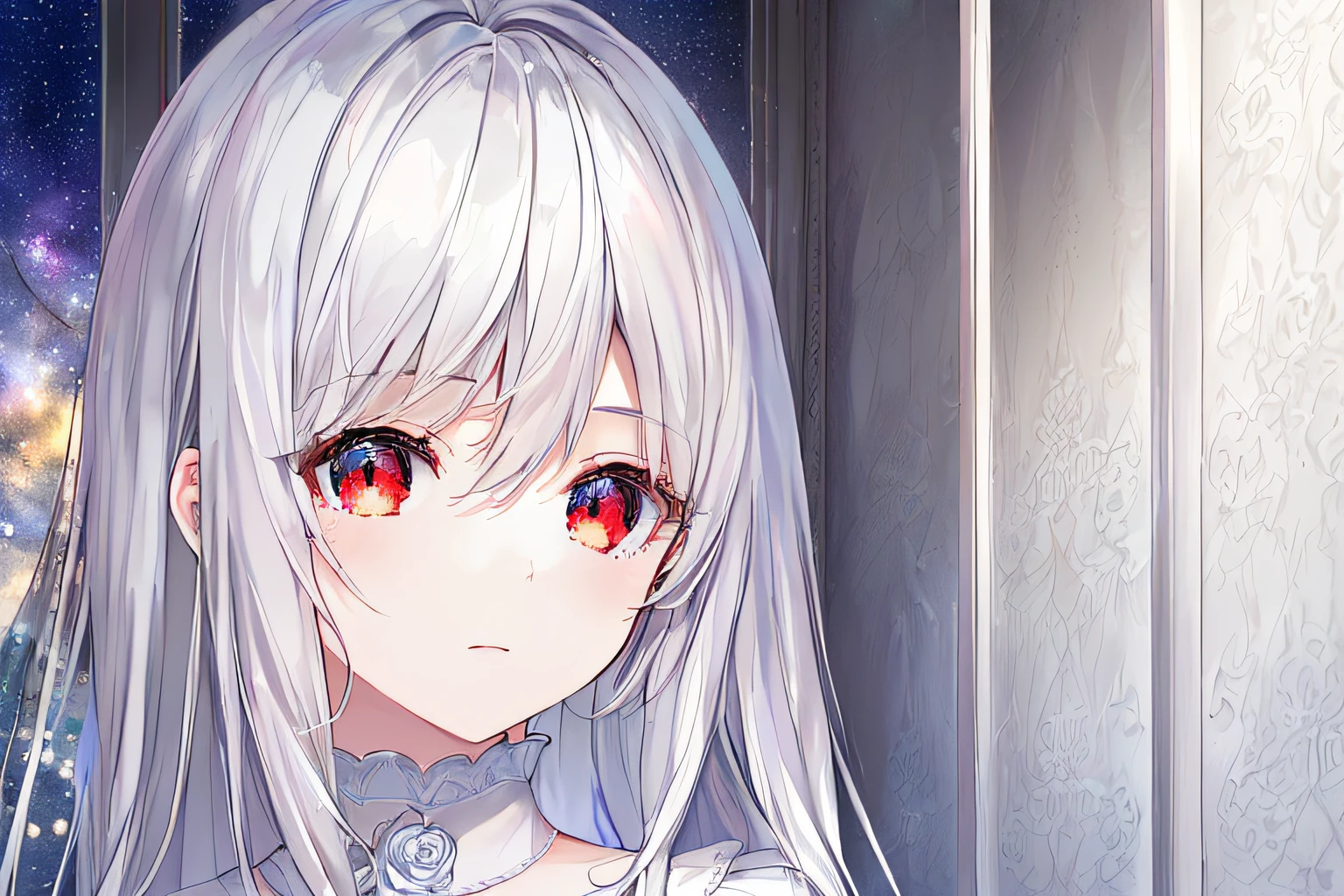 ((Masterpiece, Best Quality)++, Detail Light+, Detail Hair+, 1 Girl, Long Hair, Dark Red Eyes, Beautiful Eyes, Young Gray Hair,,, (Beautiful White Hair: 1.5), (Beautiful Detail Eyes), Starry Sky Decorative Hair, High Resolution +, White Pajamas, White Skirt, Glass Tone, Reflective Eyes, Very Detailed Wallpaper, Original, Natural, Wearing Roses,
