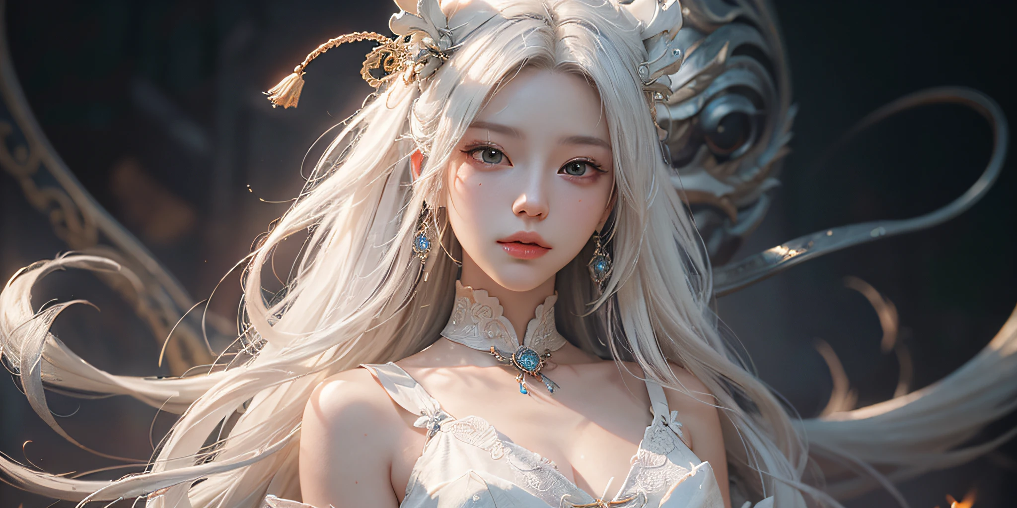 (8K, best quality, Masterpiece: 1.2), (Realistic, Photorealistic: 1.37), Best Quality, Masterpiece, Unity, An Extremely Delicate Beauty, Extremely Detailed, Medium Breasts, Fine Details, Masterpiece, Close-up of a Woman with White Hair and White Mask, Beautiful Figure Painting, Guwiz, Guwiz style artwork, White Haired God, Yang J, Epic Fine Character Art, Amazing Character Art, Fan Qi, Seven-point Photo, Bust Photo, Ultra Wide Angle, Wu Jun Shifan, Gu Wiz at Pixiv Art Station
