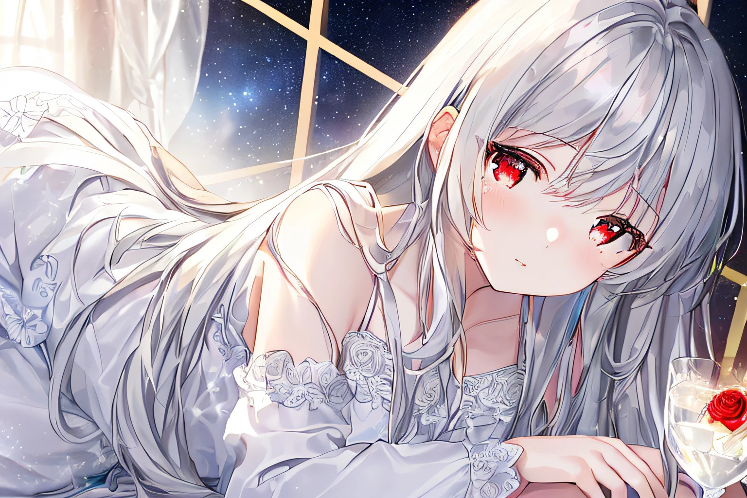 ((Masterpiece, Best Quality)++, Detail Light+, Detail Hair+, 1 Girl, Long Hair, Dark Red Eyes, Beautiful Eyes, Young Gray Hair,,, (Beautiful White Hair: 1.5), (Beautiful Detail Eyes), Starry Sky Decorative Hair, High Resolution +, White Pajamas, White Skirt, Glass Tone, Reflective Eyes, Very Detailed Wallpaper, Original, Natural, Wearing Roses,