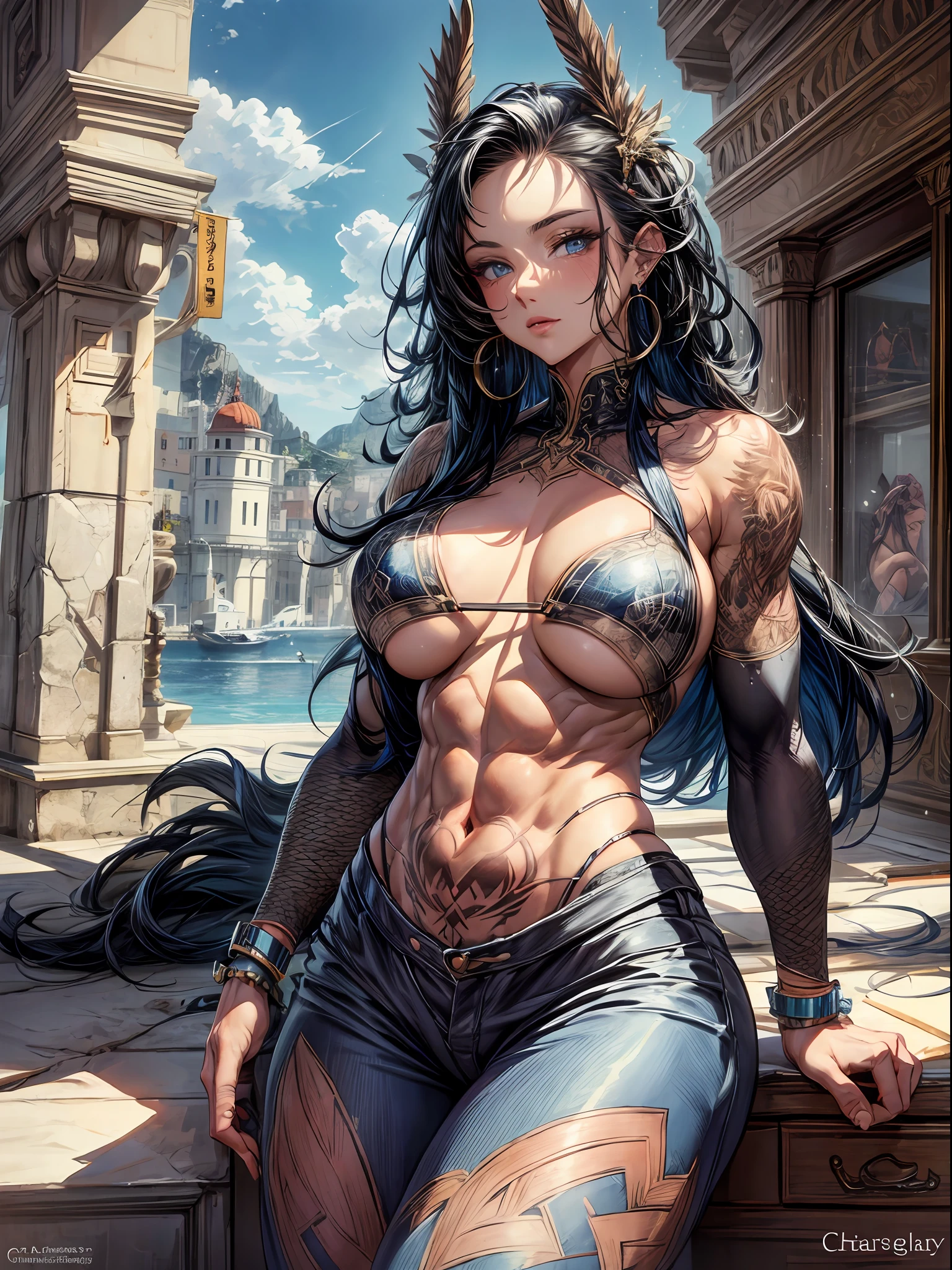 highly detailed, barbarian girl with huge body and intricate tattoes with intricate background, realistic painting, by Charles Gregory and Antonio Jacobsen and Edward Moran, (long shot), clear blue sky, intricate details, Capri pants, earrings, detailed tattoo