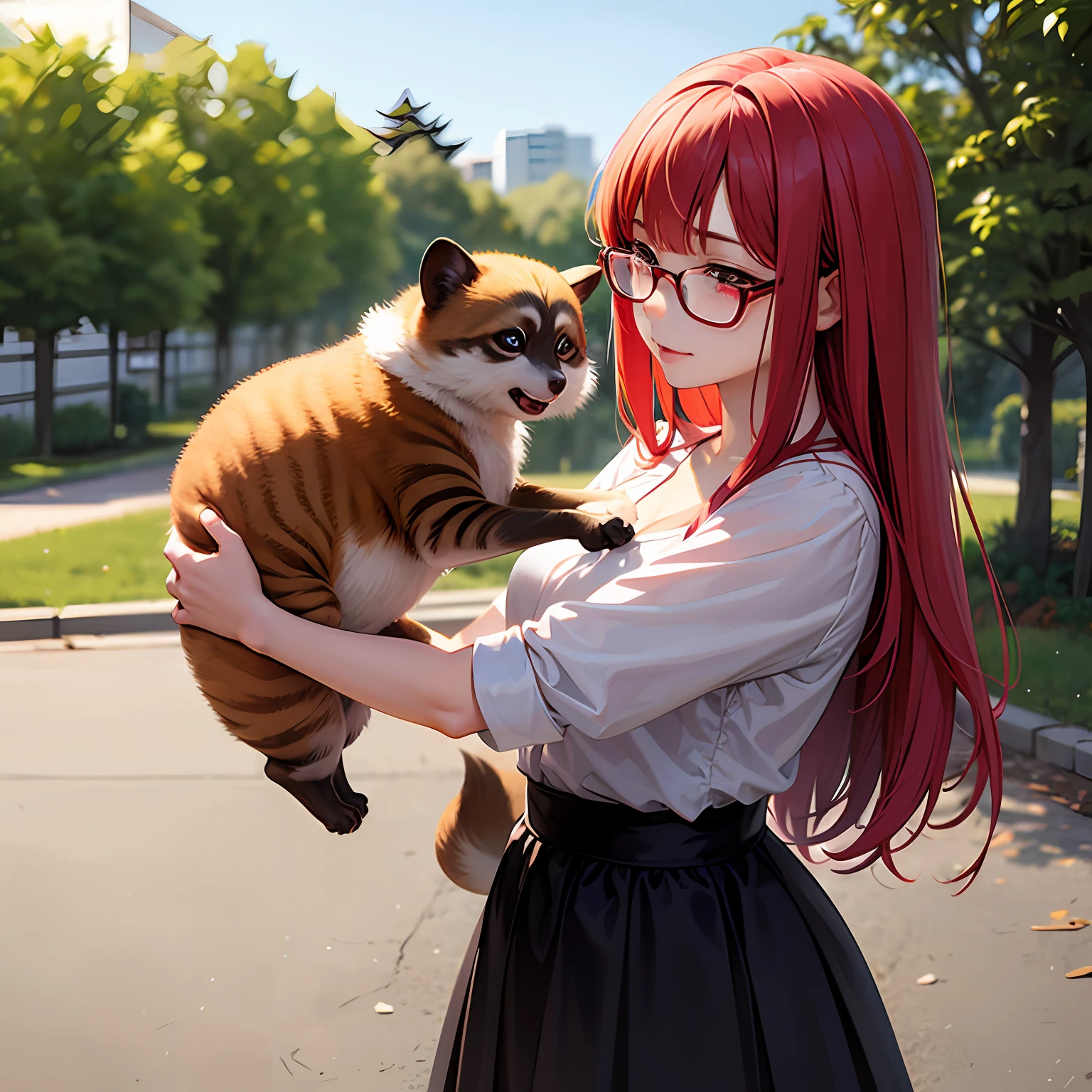 Girl with red hair glasses holding a tanuki cat in her arms --auto