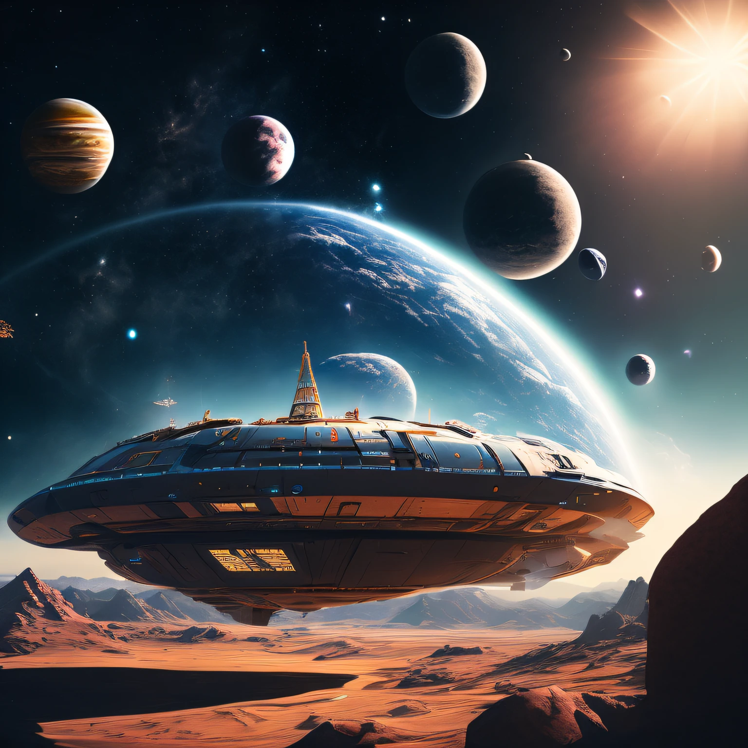 A space station located in space amidst the vast expanse of stars, planets, and galaxies would be a remarkable feat of engineering.(((masterpiece))), ((best quality)), realistic, 8k, ultra-detailed, realistic, scenery, ConceptArt,  Highly detailed RAW color Photo, side Angle, (lens flare:0.7), particle effects, raytracing, cinematic lighting, shallow depth of field, photographed on a Sony Alpha 1, 50mm wide angle lens, sharp focus, cinematic film still, dynamic pose., --auto