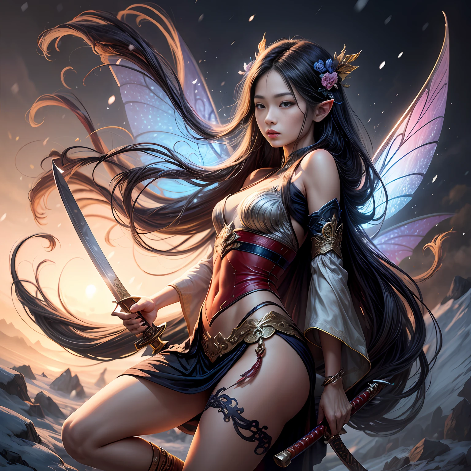 :A fairy oriental fairy with long hair
flying, holding a Chinese sword, (macro sword) iscasting magic, the ultimate flow of colorful
miasma around the sword body, evtreme flowx,snow hyper-realistic,-nji 5--ar 9:16#古风# --auto