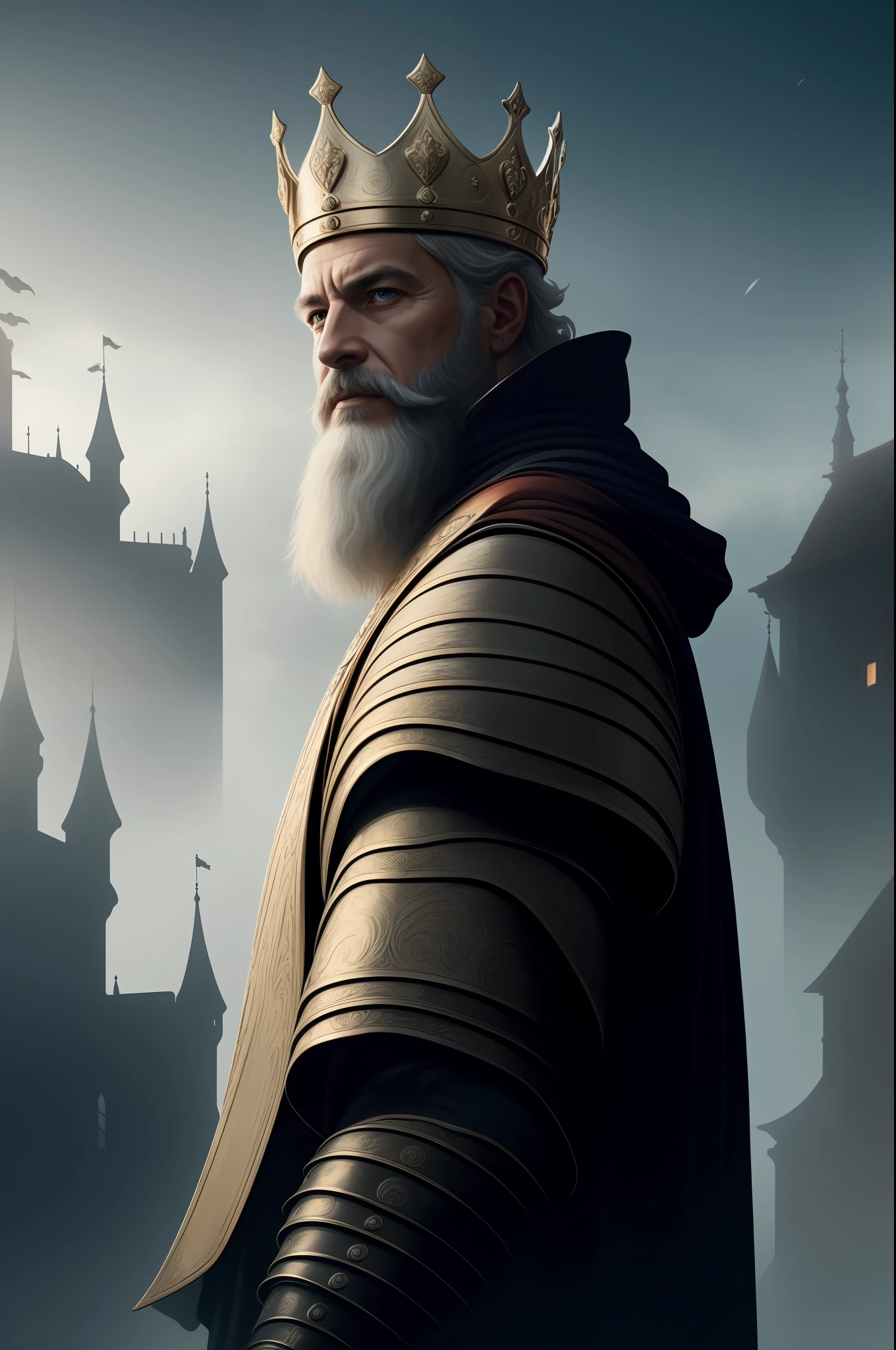 best quality, 500px, cgsociety, 8k, raw photo of (beautiful:1.2) human king, wear king crown, king armor, 40yo, beard, in castle, full body, ambient light, backlight, volumetric lighting, realistic, realistic lighting, cinematic lighting, depth of field, sharp focus, (high contrast:1.2), (film grain)