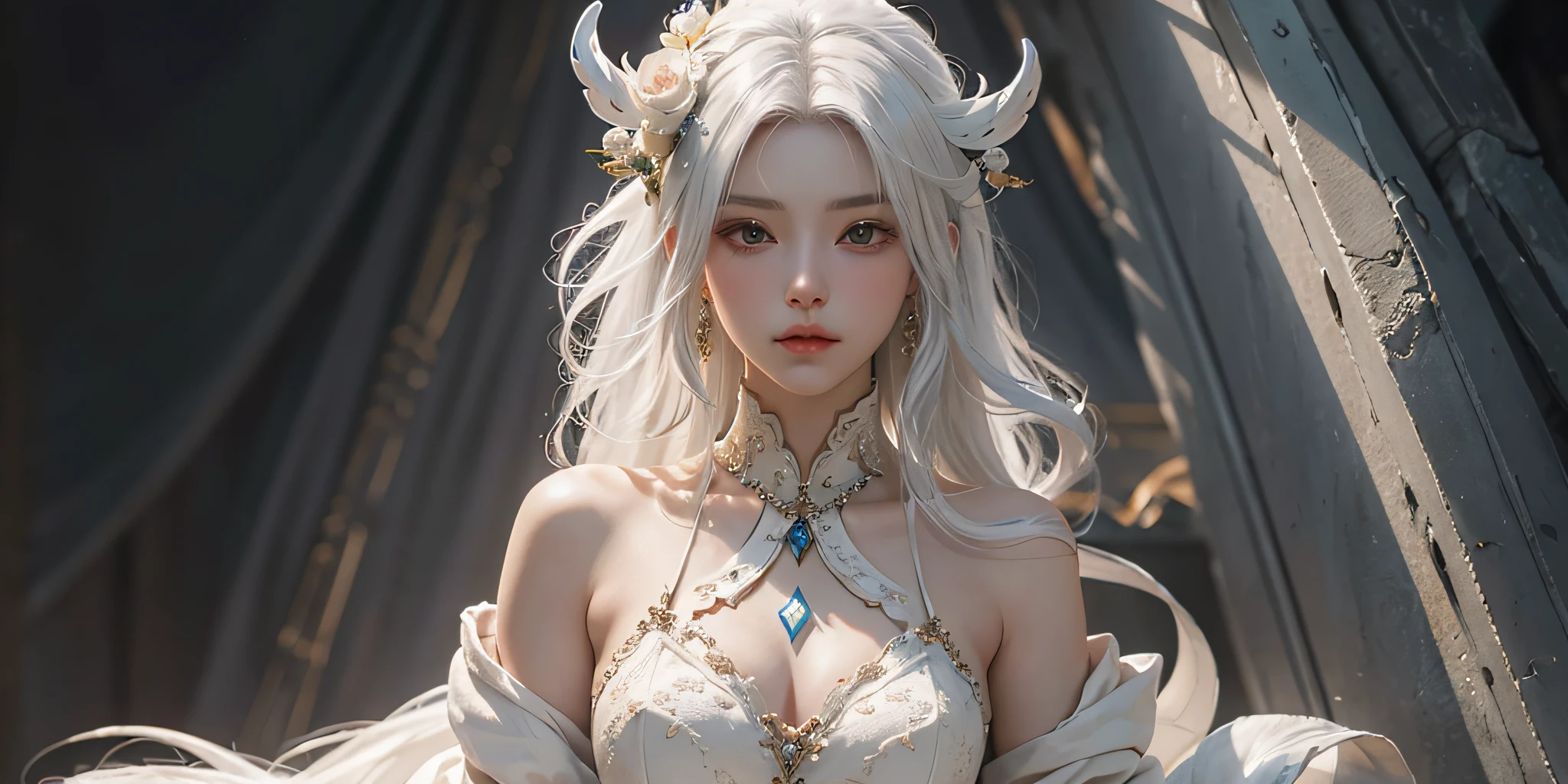 Close-up of a woman with white hair and white mask, beautiful figure painting, Guvitz, Guvitz style artwork, white-haired god, Yang J, epic fine character art, amazing character art, Fan Qi, slender legs, high heels, Wu Jun Shifan, Gu Vitz in pixiv art station