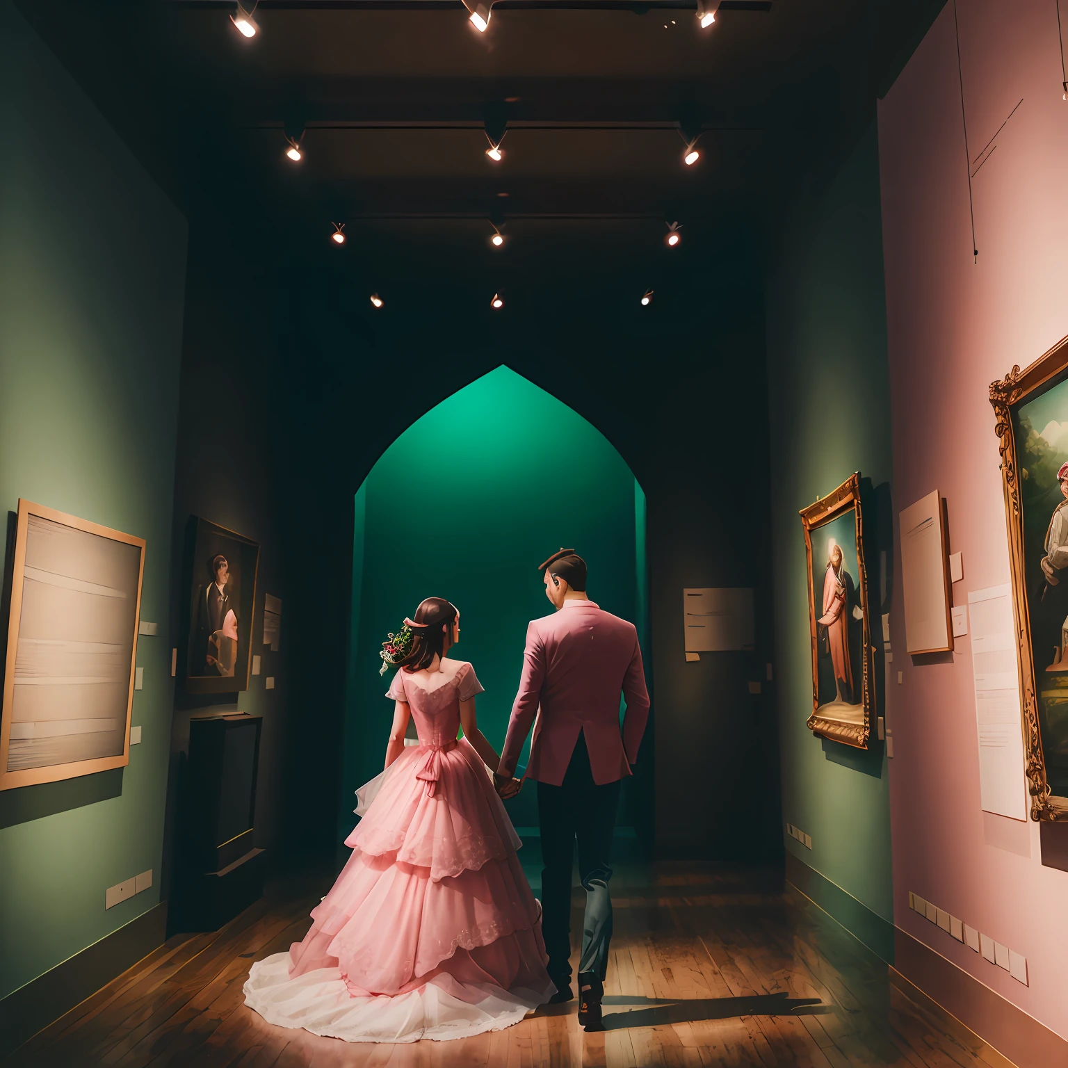 couple at museum, modern type, pink bridge and green groom --auto