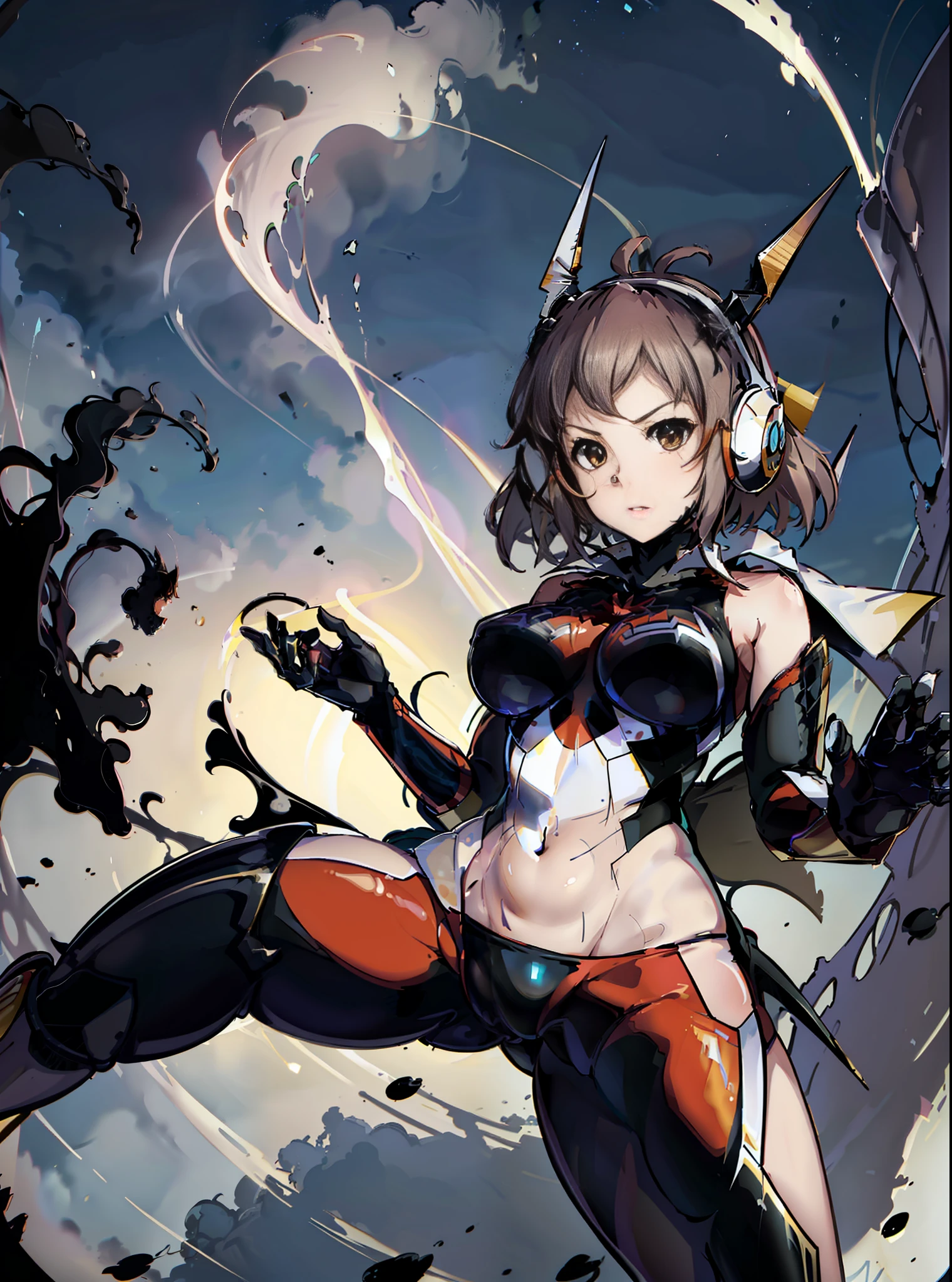 Hibiki Tachibana, headphones, antenna, belly, from below, symbiote, mecha, one-man, fight