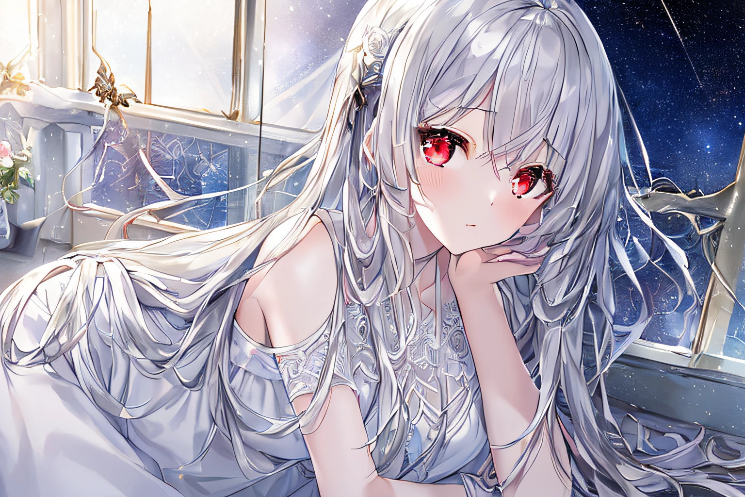 ((Masterpiece, Best Quality)++, Detail Light+, Detail Hair+, 1 Girl, Long Hair, Dark Red Eyes, Beautiful Eyes, Young Gray Hair,,, (Beautiful White Hair: 1.5), (Beautiful Detail Eyes), Starry Sky Decorative Hair, High Resolution +, White Pajamas, White Skirt, Glass Tone, Reflective Eyes, Very Detailed Wallpaper, Original, Natural, Wearing Roses,
