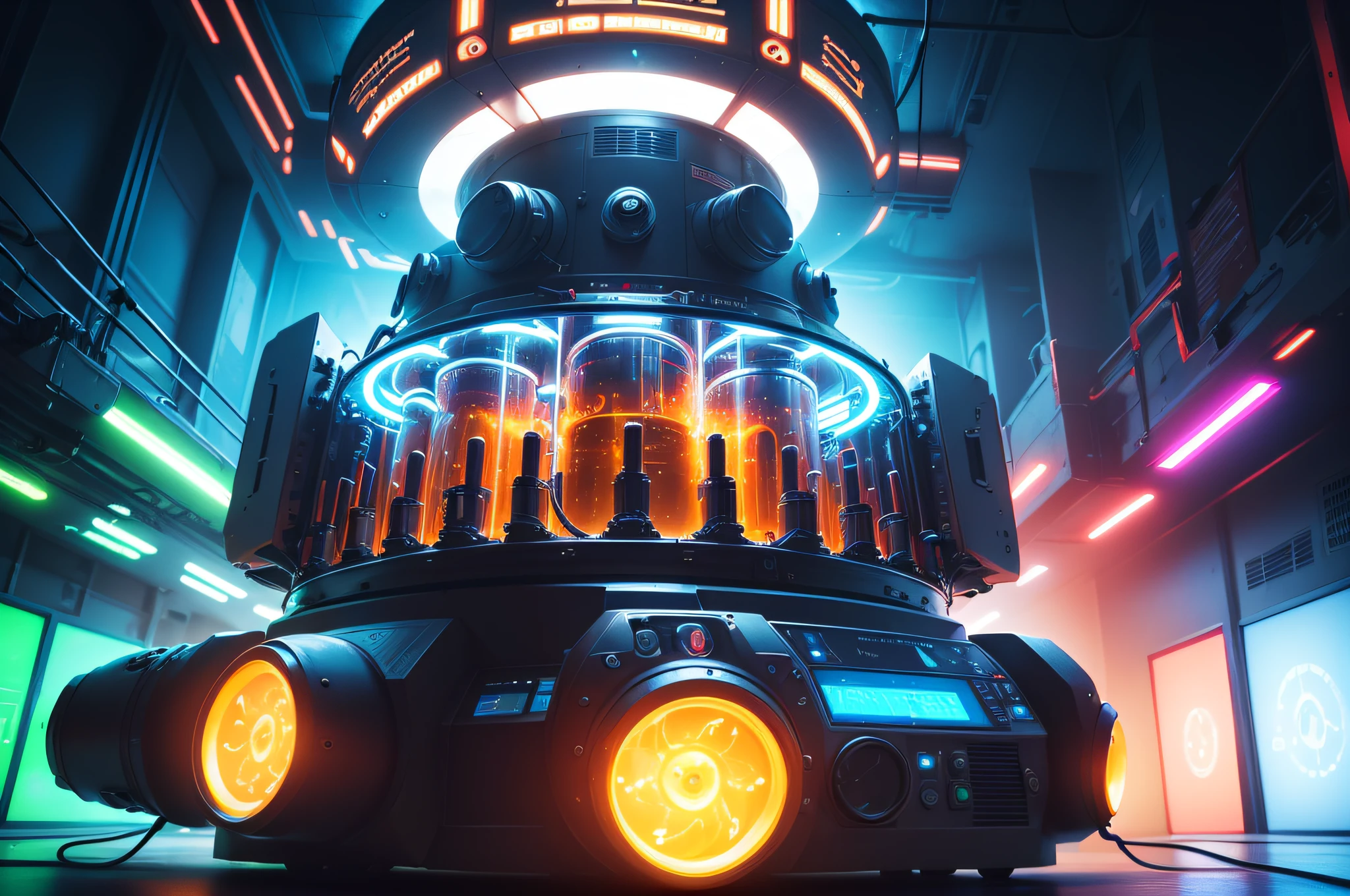 ((photo)), ((best quality)), ((masterpiece)), ((detailed)), a high tech science laboratory with quantum engineering equipment and bright vivid neon lighting, looking into a massive neon lit centrifuge with electric current running thru machines and arcing blue electricity.