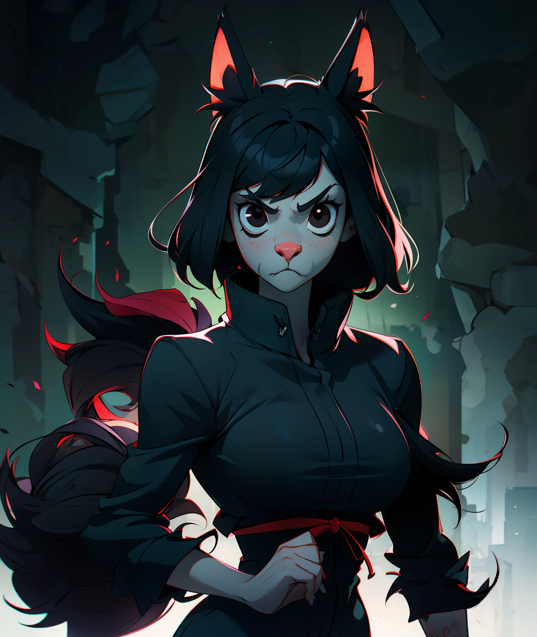 1girl, black hair, monk, wolf girl, wolf ears, wolf tail, busty, furry, angry, black eyes, black clothing, goth, emo, tall, grey fur, mean