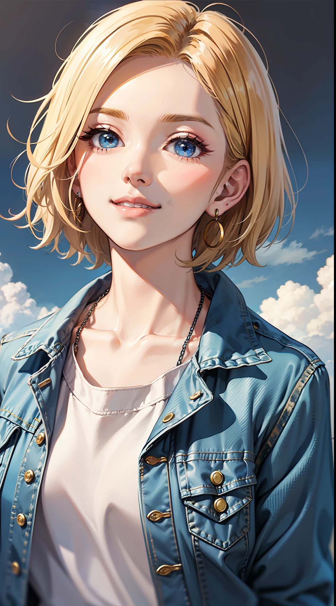 1girl, solo, android 18, blonde hair, blue eyes, short hair, jewelry, earrings, smile, jacket, looking to the side, denim, denim jacket, upper body, shirt, black shirt, closed mouth, cloud, sky, day, looking away, blue sky, collarbone,