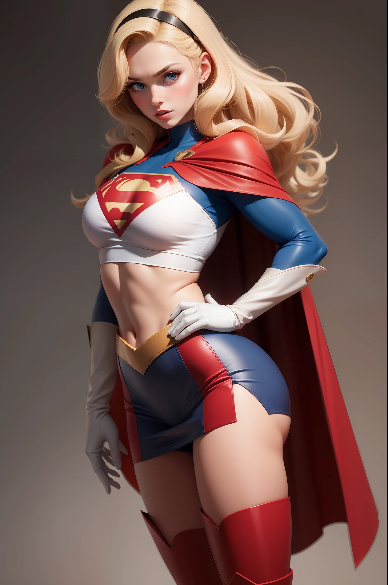 sexy Supergirl long blonde hair and blue eyes, black hairband, white croptop, short sleeves, red cape, blue pencil skirt, red boots, white gloves