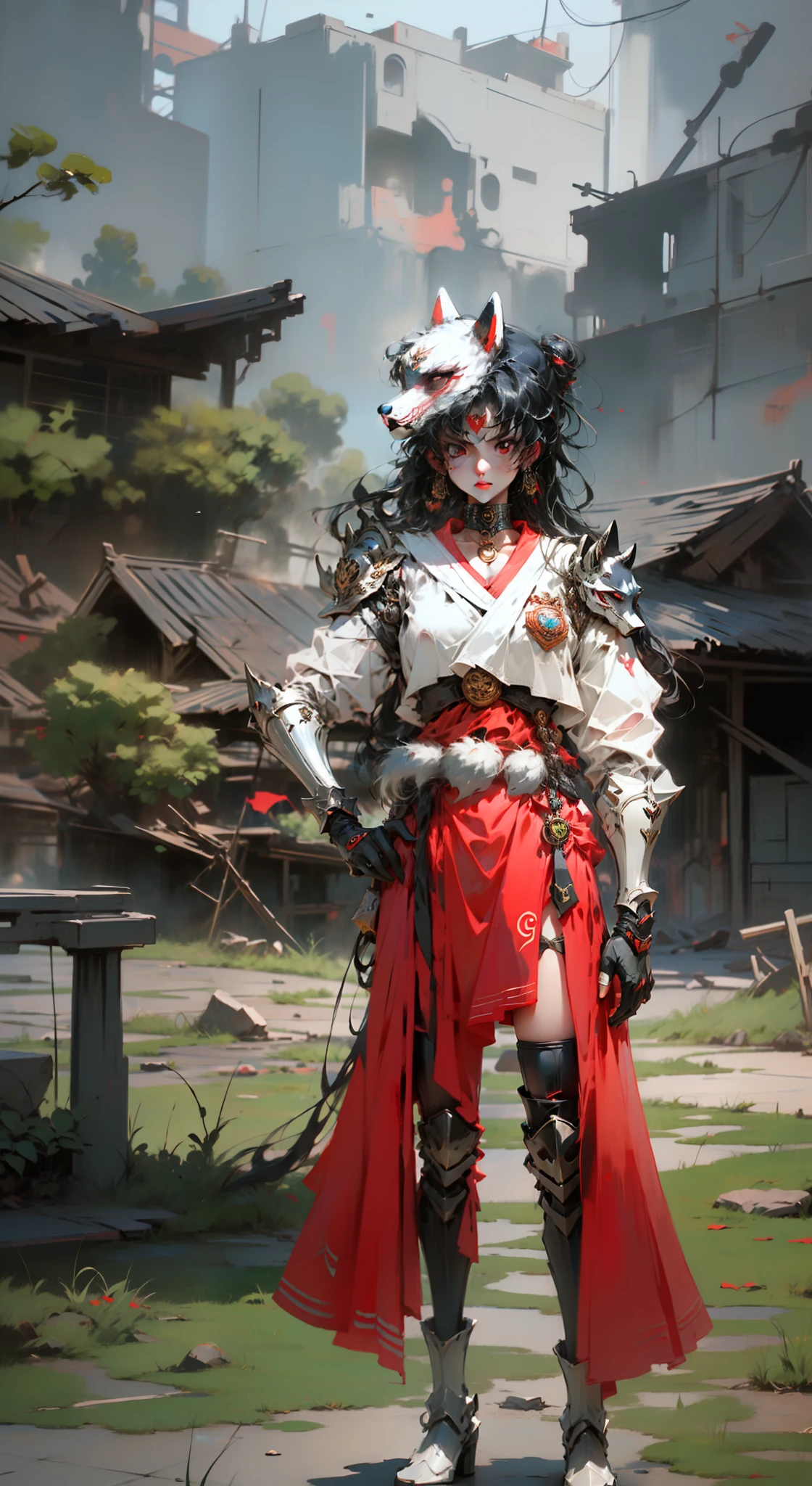 Goth,, girl, Oriental armor,4k, black hair with red tips, Fox mask on top of head