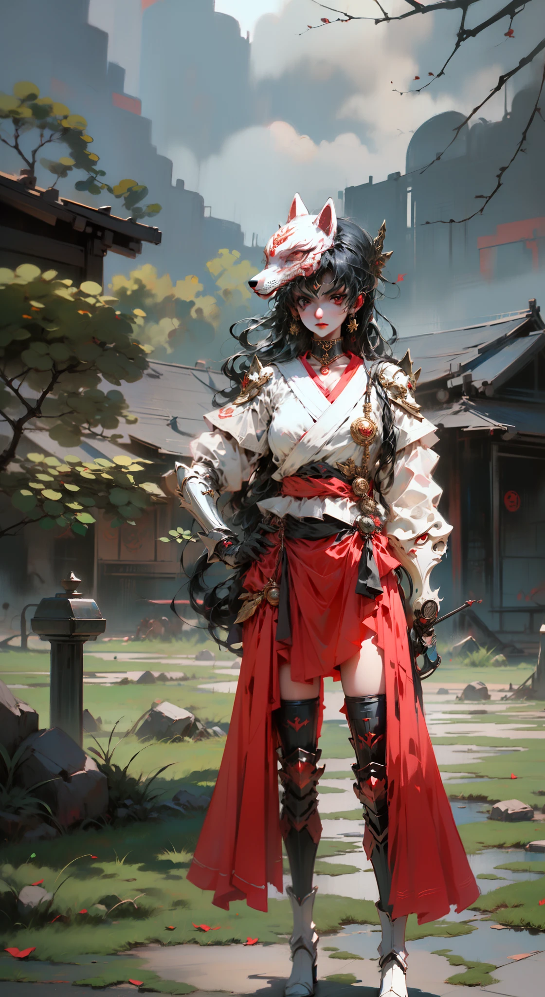 Goth,, girl, Oriental armor,4k, black hair with red tips, Fox mask on top of head