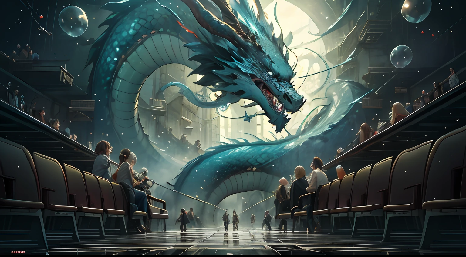 Masterpiece, top quality, best quality, official art, a dragon rushing out of a movie screen, stones and glass flying around, cinema scenes, side angles, lots of rows of seats, a lot of people watching movies, super detailed dragon scales, real pictures,