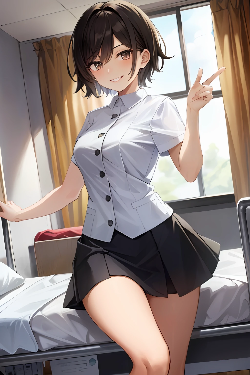 Masterpiece, top quality, high resolution, masterpiece, girl in one, wicked smile, evil smile, evil plan, black hair, white nurse uniform, short hair, brown eyes, mini skirt, hospital room