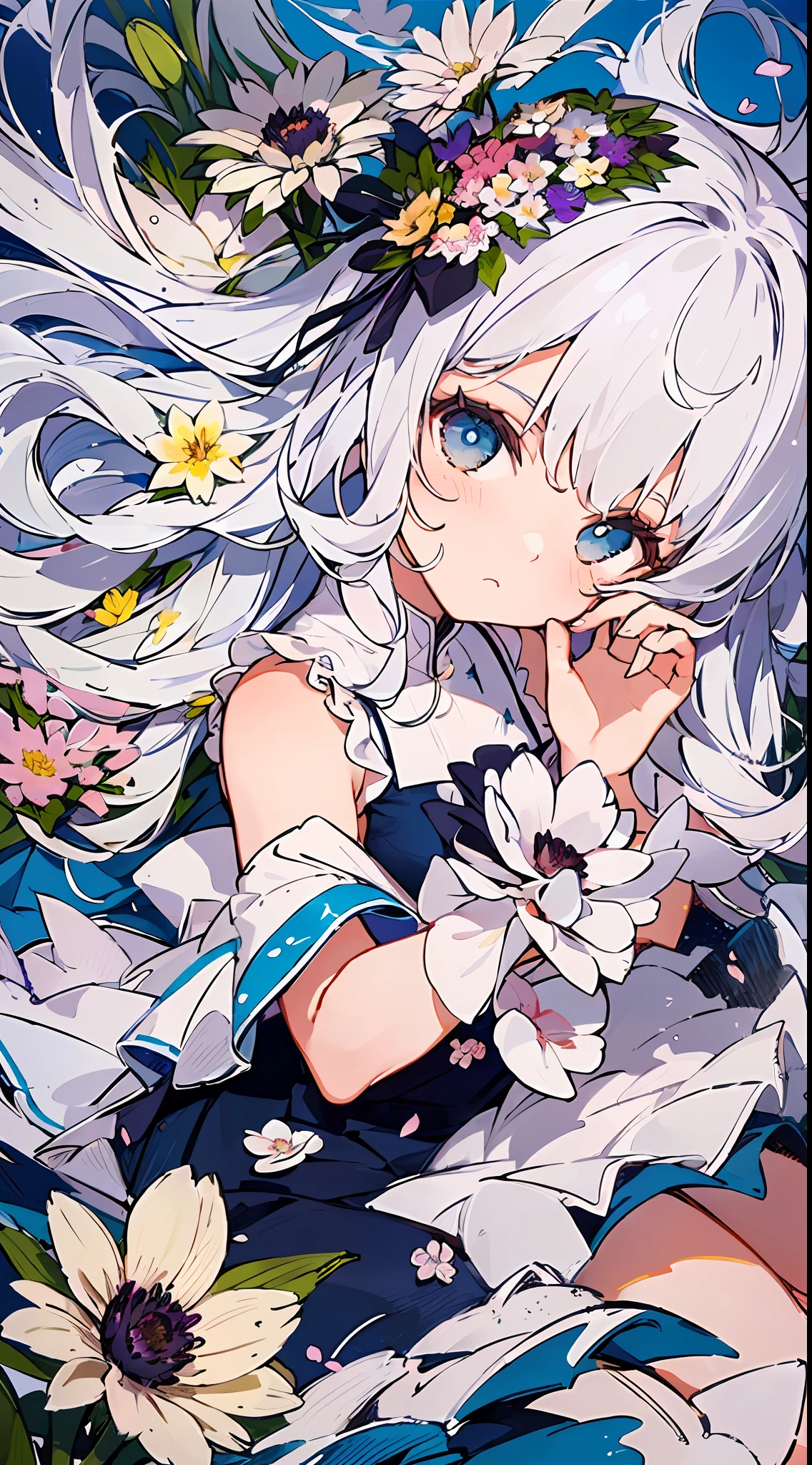 ((masterpiece,best quality)),(1girl, solo:1.4),negative space:1.3,from above,beautiful detailed eyes, vivid, cloudy sky, flower, anemone \(flower\), daffodil, hyacinth,falling petals,sanshoku dango, hanami, picnic, incoming kiss, incoming hug,