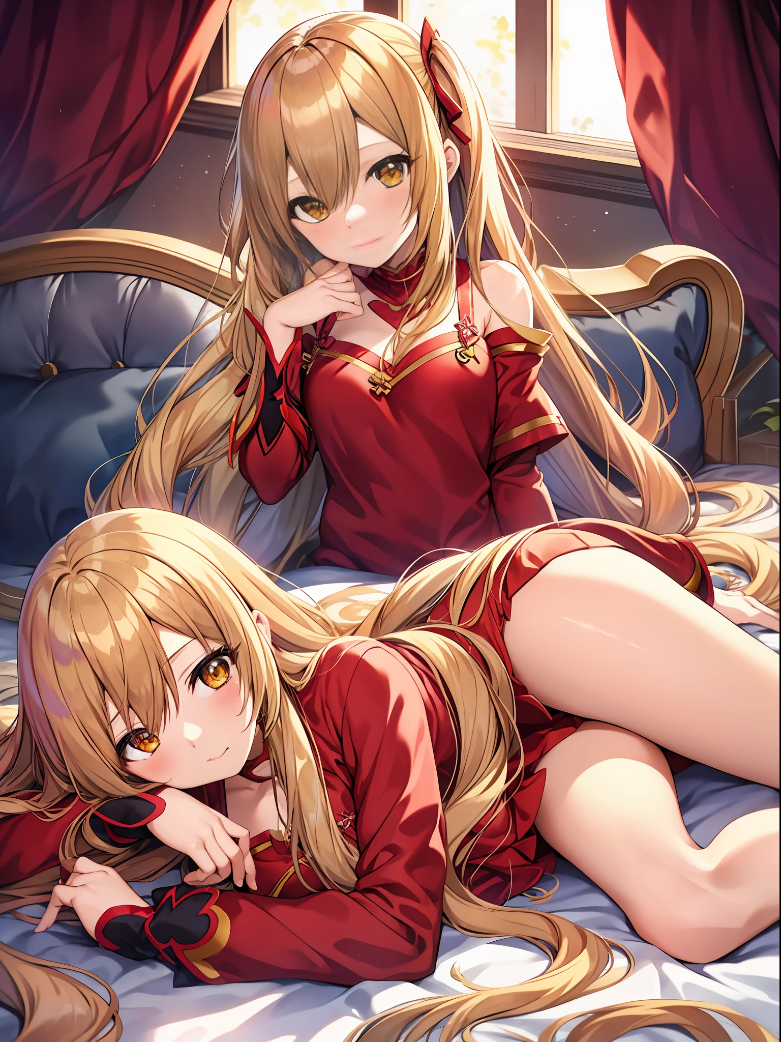 anime girl laying on bed with long blonde hair and red dress, asuna yuuki, anime. soft lighting, at pixiv, laying on a bed, lying at the bed, seductive anime girl, rin, while posing in the same bed, photorealistic anime, laying on her back, ( ( misa amane # ) ), asuna from sao