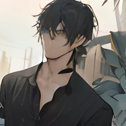 (absurdres, highres, ultra detailed), 1 male, (28 years old male) (short pointed ears) adult, handsome, tall slender guy, narrow eyes, narrow shoulders, finely detailed eyes and detailed face, messy shaggy black hair, shaggy hair, side bangs, bangs, green eyes, sexy twink, shirtless, bare chest, final fantasy , slave collar, full body shot, defiant pose expression, cinematic, desert bokeh, background blur