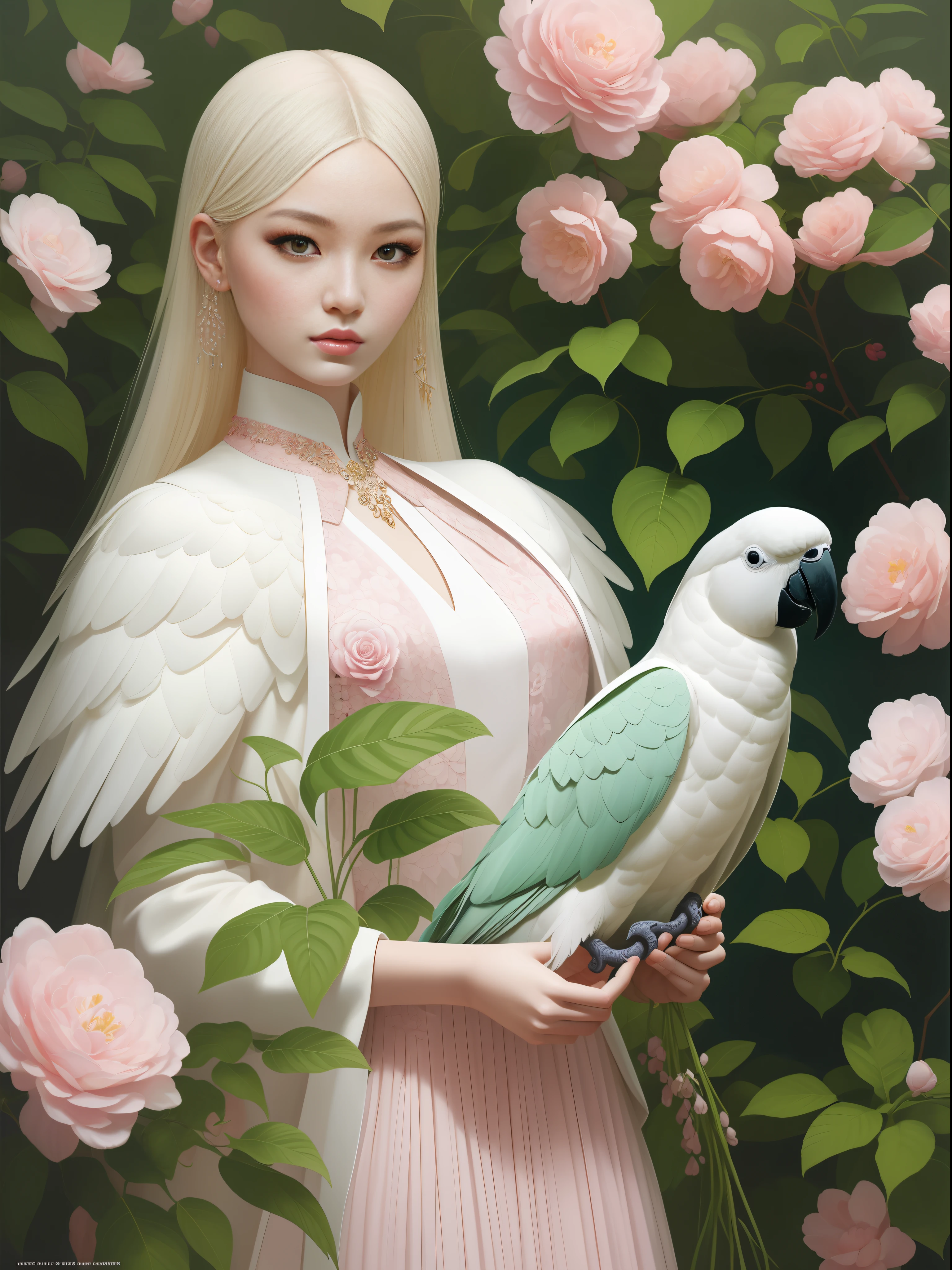 a pure white parrot, A neutral model in a white suit, pink and emerald, Plants cover the background, A fashion magazine, Hyperrealistic oil painting, (style of artist hsiao-ron cheng), shiny hair, cowboy shot, Art Deco, Verism, bloom, award winning, retina