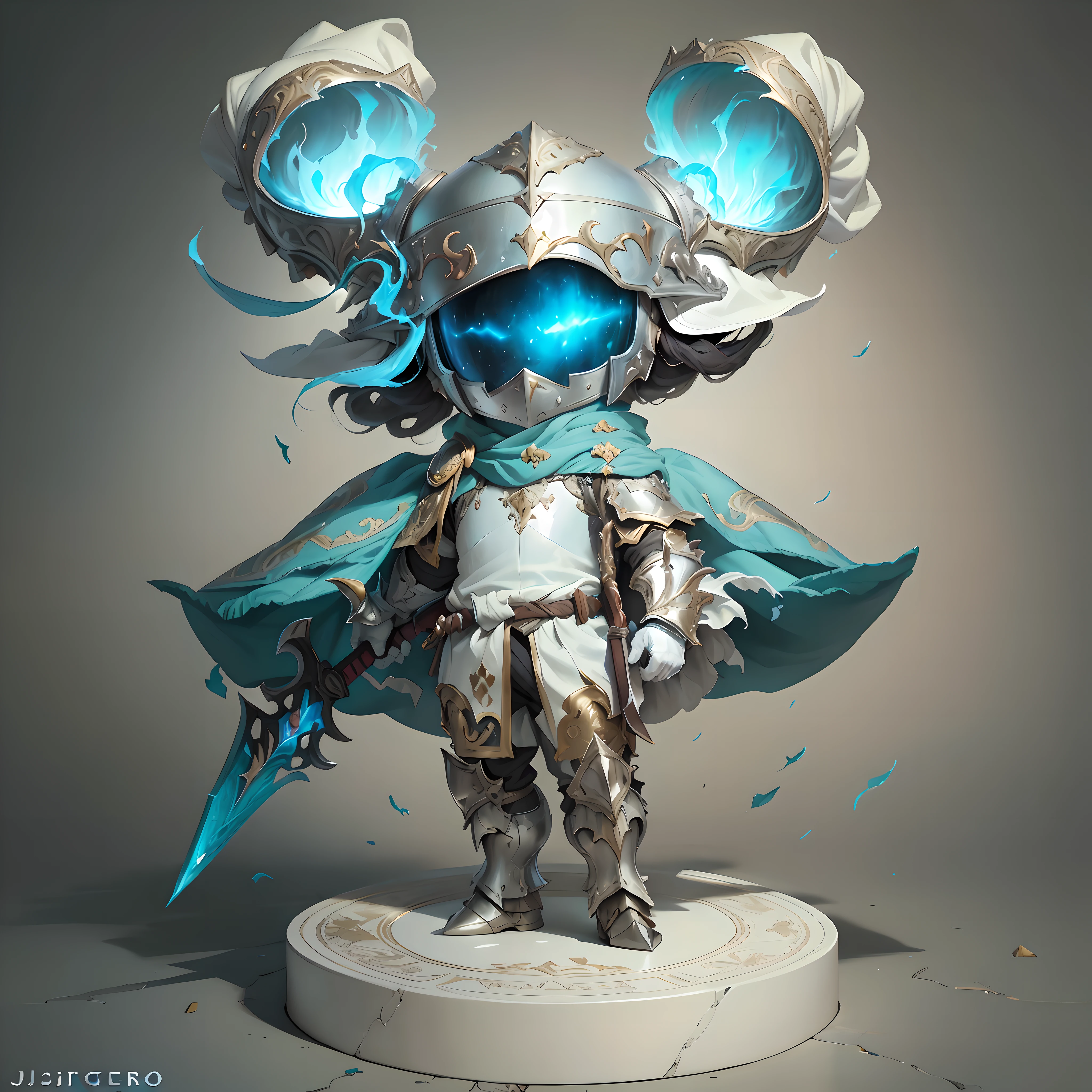 ((artwork by Justin Gerard)),card game illustration,(Masterpiece),(Best Quality),(extremely detailed CG unity 8k wallpaper),(Silver armor, white clothes, blue cloak, black visor, white gloves,),1 executive officers standing in a plate,holding weapon,(helmet mask),(white background),simple background,