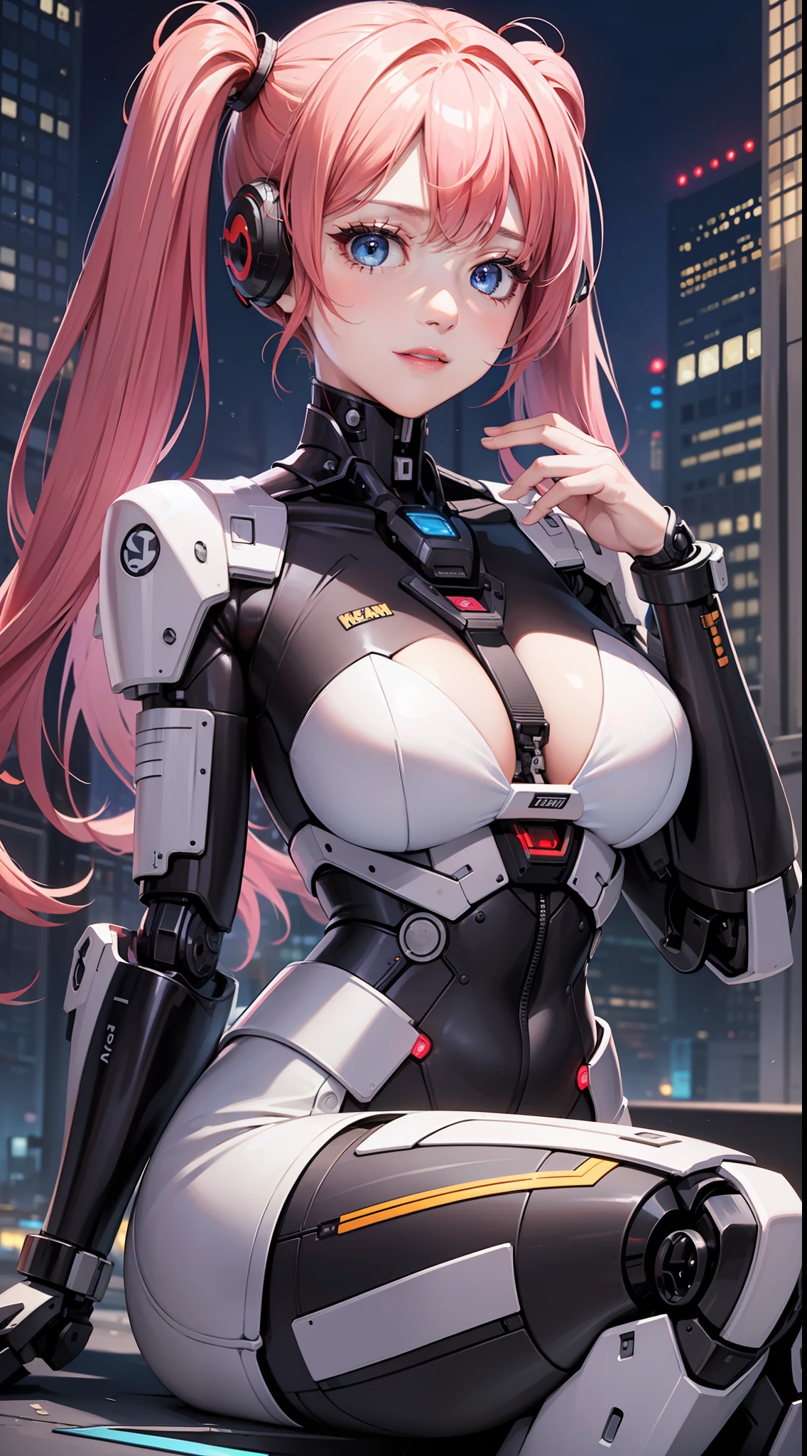 (original) , (very detailed wallpaper) , very detailed illustrations, (1 Girl) , beautiful eyes, (delicate face) , perfect detail,(long hair:1.3),(sitting:1.4), (twintails:1.2), red eyes, pink hair, smile ,pink lips, bright blue eyes, closed mouth, 
((mechanical parts)), mechanical spine, mechanization, future, wide hips, laboratory, ((mecha)), stylish energy \(module\), repairing, (giantess1.4), The surrounding scene looks small，The main character gets bigger,( and the surrounding scenes get smaller to make the main character bigger1.)，（The scene gets smaller1.2）, outdoors, cyberpunk, city lights, night sky, neon lamp, Light Enhancement ,orange theme
 (best lighting) , (super complex detail) , 4K Unity, (super detailed CG: 1.2) , (8K: 1.2) ,