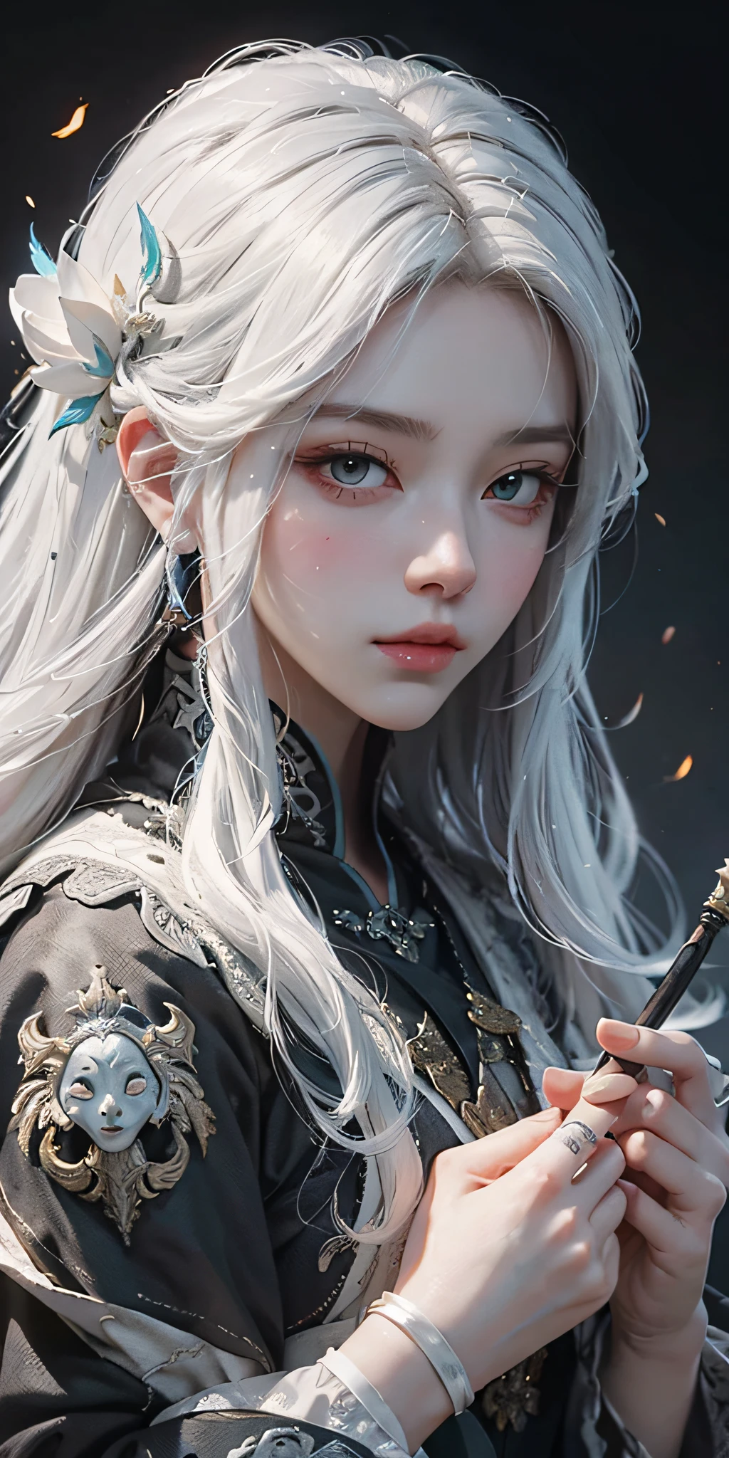 a close up of a woman with white hair and a white mask, beautiful character painting, guweiz, artwork in the style of guweiz, white haired deity, by Yang J, epic exquisite character art, stunning character art, by Fan Qi, by Wuzhun Shifan, guweiz on pixiv artstation