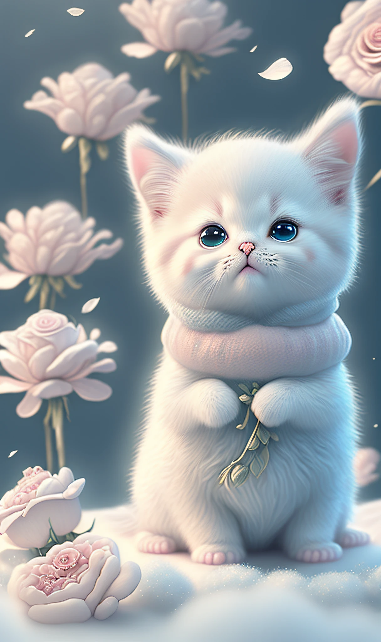 In this ultra-detailed CG art, cute kittens surrounded by ethereal roses, laughter, best quality, high resolution, intricate details, fantasy, cute animals, open mouths, laugh!!