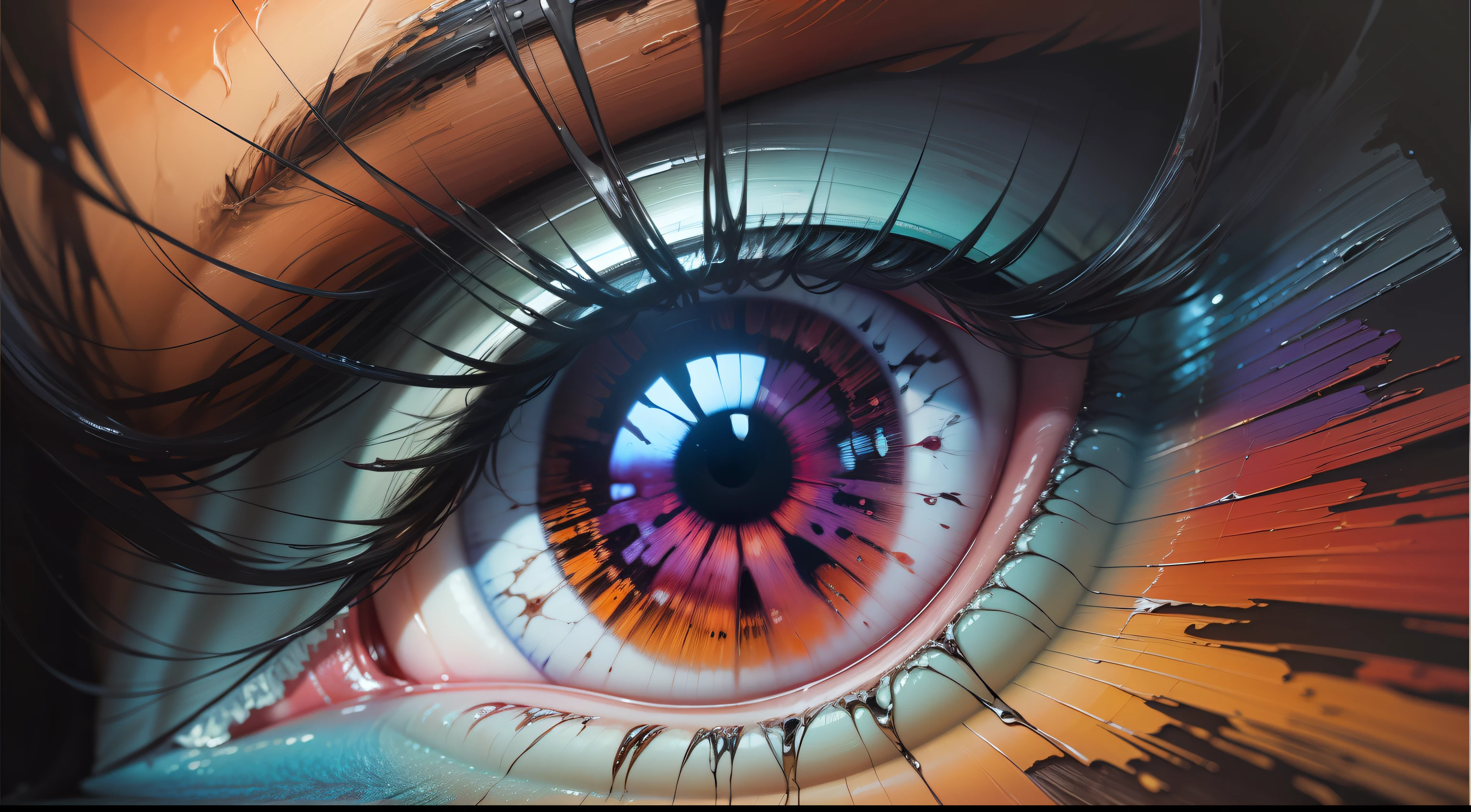 “Fluorite” - oil painting. Conceptual abstract picture of the eye. Oil painting in colorful colors. Conceptual abstract closeup of an oil painting and palette knife on canvas. V