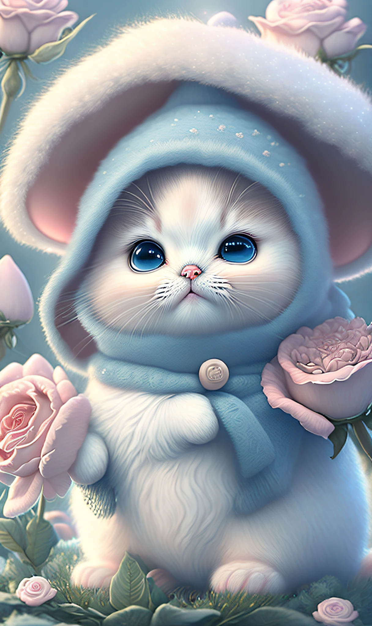 In this ultra-detailed CG art, cute kittens surrounded by ethereal roses, laughter, best quality, high resolution, intricate details, fantasy, cute animals, open mouths, laugh!!