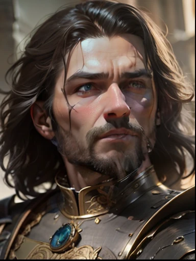 close-up of man with little beard, small mustache, split chin, wearing medieval iron armor, character portrait close-up, character portrait details, best quality, high quality, 8k , male, 35 years old, best quality, masterpiece, (actual: 1.2), (best quality detail: 1.2), realistic, 8K High Definition, Extremely detailed, Quality textures high, intricate detail, detailed texture, fine detail, high detail, extremely detailed cg, High quality shadow, , straight hair, haughty, 8k, high definition, detailed face, detailed face, detailed eyes, detailed suit, magic and dc style, surreal, + cinematic footage + dynamic composition, extremely detailed, sharp, detailed + excellent detail + evening with light --auto