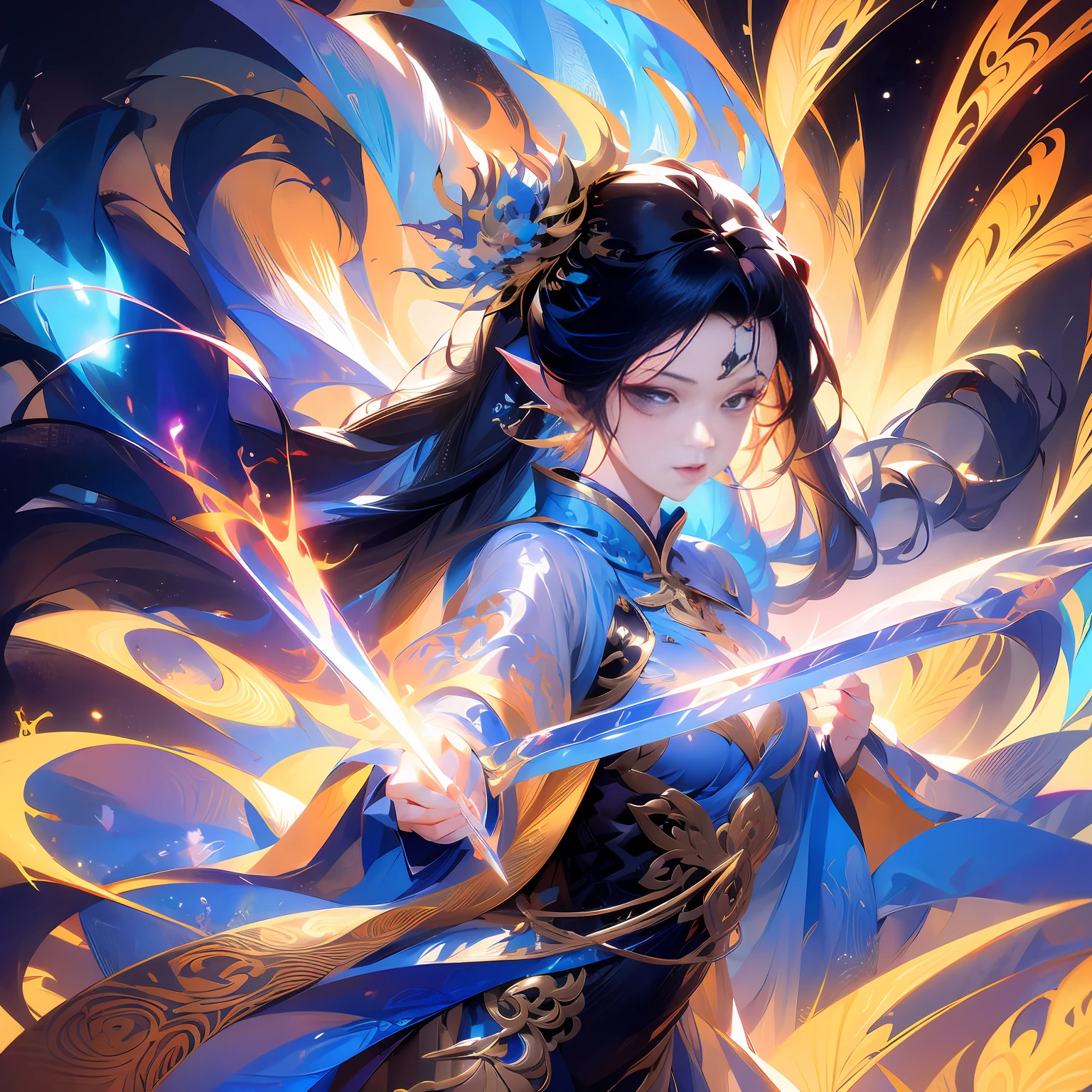 :A fairy oriental fairy with long hair

flying, holding a Chinese sword, (macro sword) iscasting magic, the ultimate flow of colorful

miasma around the sword body, evtreme flowx，snow hyper-realistic，-nji 5--ar 9:16#古风#