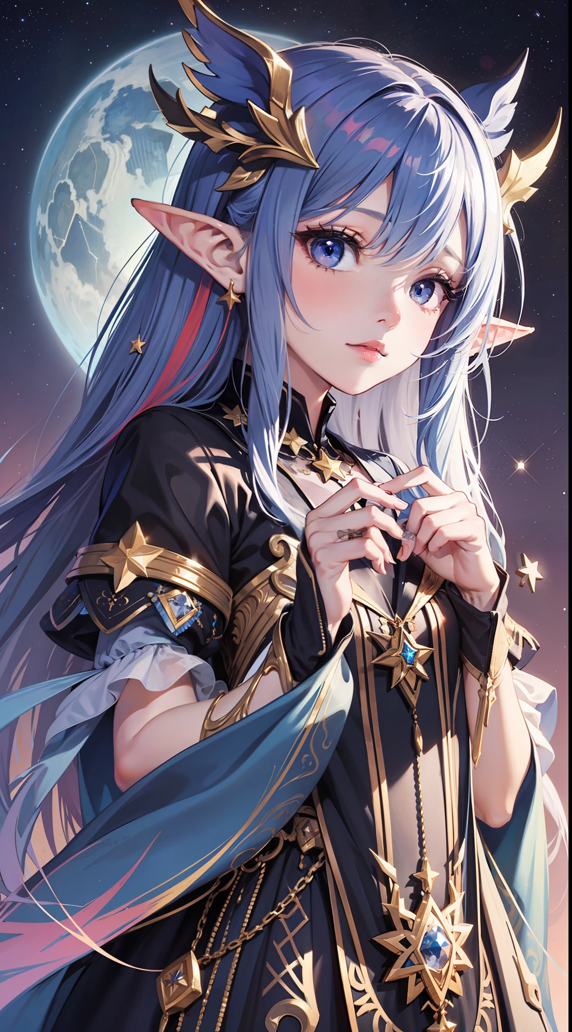 1girl,chibi,elf,pointy ears,long hair,multicolored hair,black eyes,star mage,starlight,star,Holding a luminous five-pointed star in his hand,
