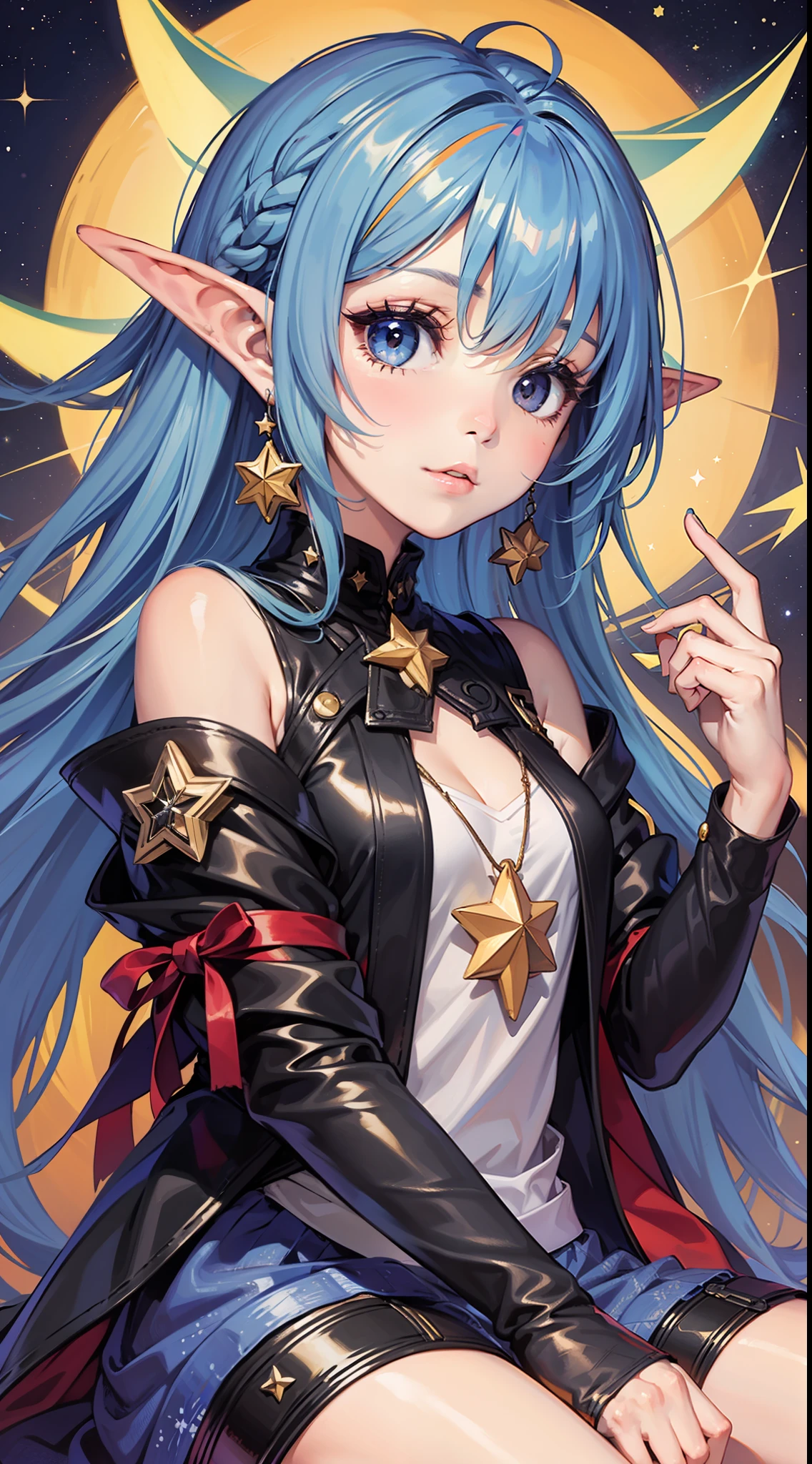 1girl,chibi,elf,pointy ears,long hair,multicolored hair,black eyes,star mage,starlight,star,Holding a luminous five-pointed star in his hand,