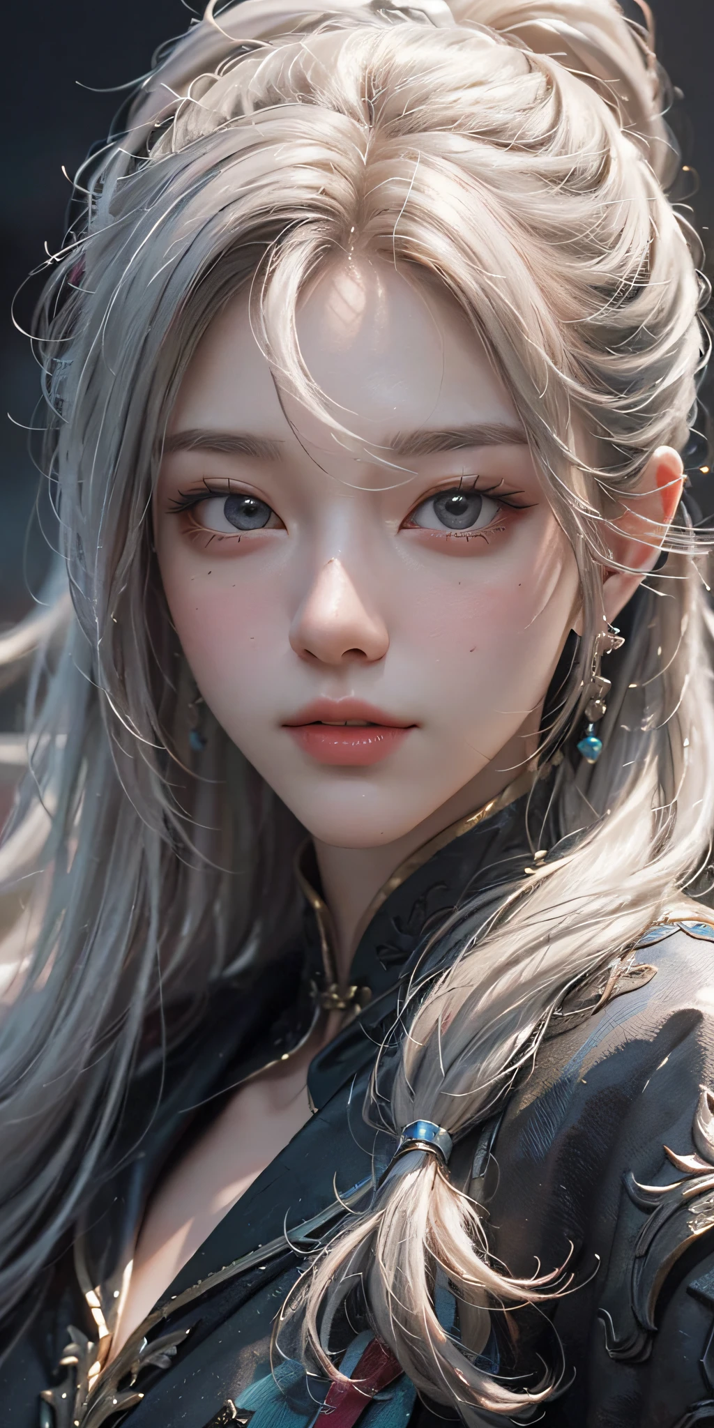 (8k, best quality, masterpiece: 1.2), (realistic, photorealistic photorealistic: 1.37), best quality, masterpiece, unity, an extremely delicate beauty, extremely detailed, medium breasts, fine details, masterpiece, close-up of a woman with white hair and white mask, beautiful figure painting, guviz, guvitz style artwork, long white hair, high ponytail, yang j, epic fine character art, amazing character art, fan qi, wu jun sefan, guvez at pixiv art station