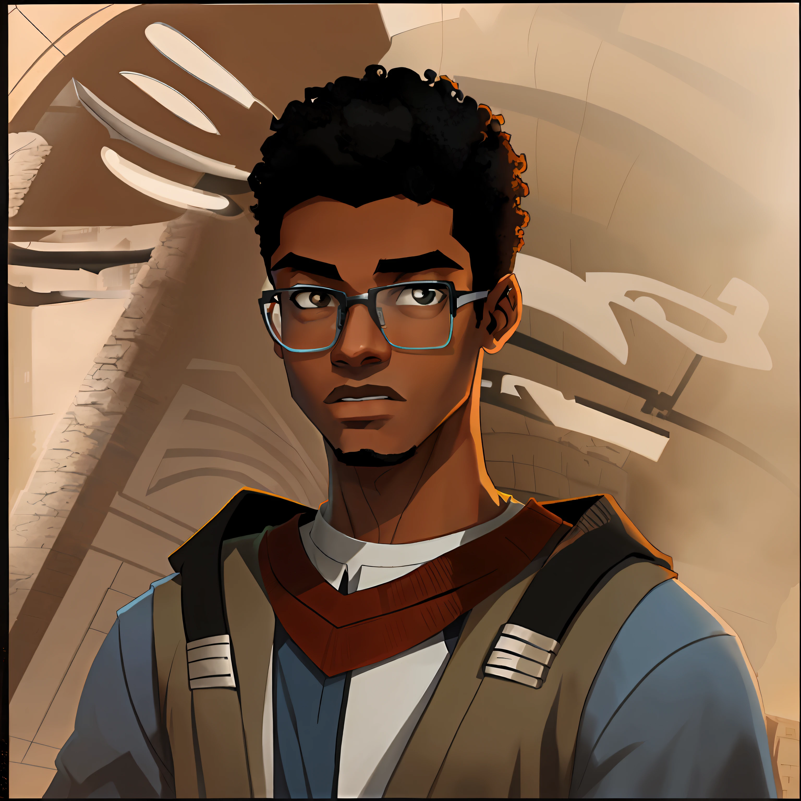 young bespectacled arabic arab nerd boy standing in the middle of town, brown skin, dark skin, young high school nerd boy, arab boy, afro hair, blue coat, young weird arabic nerd, character 2d, 8k, comic book style, young style peter parker black arabic, picture background is a city