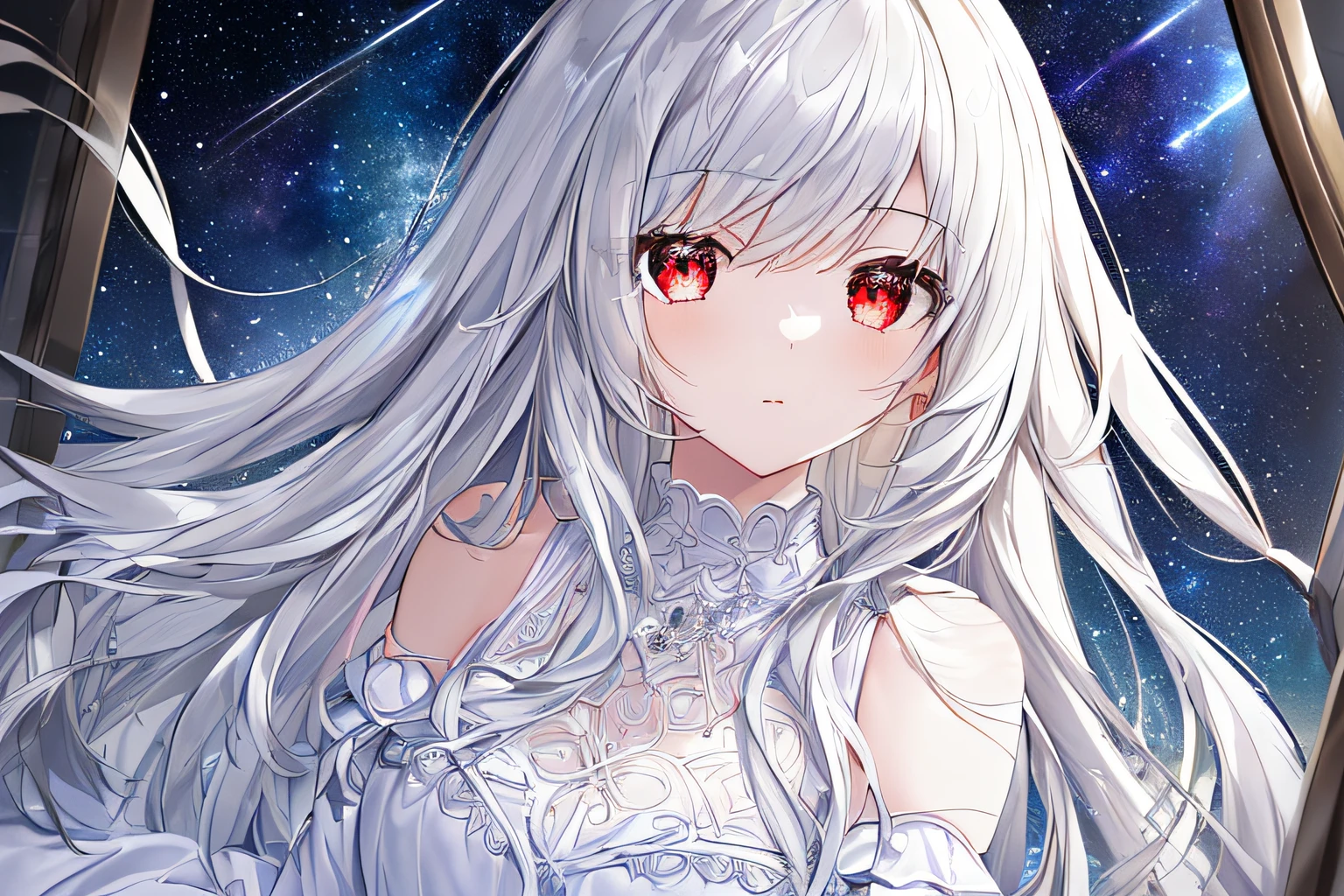 ((Masterpiece, Best Quality)++, Detail Light+, Detail Hair+, 1 Girl, Long Hair, Dark Red Eyes, Beautiful Eyes, Young Gray Hair,,, (Beautiful White Hair: 1.5), (Beautiful Detail Eyes), Starry Sky Decorative Hair, High Resolution +, White Pajamas, White Skirt, Glass Tone, Reflective Eyes, Very Detailed Wallpaper, Original, Natural, Wearing Roses,