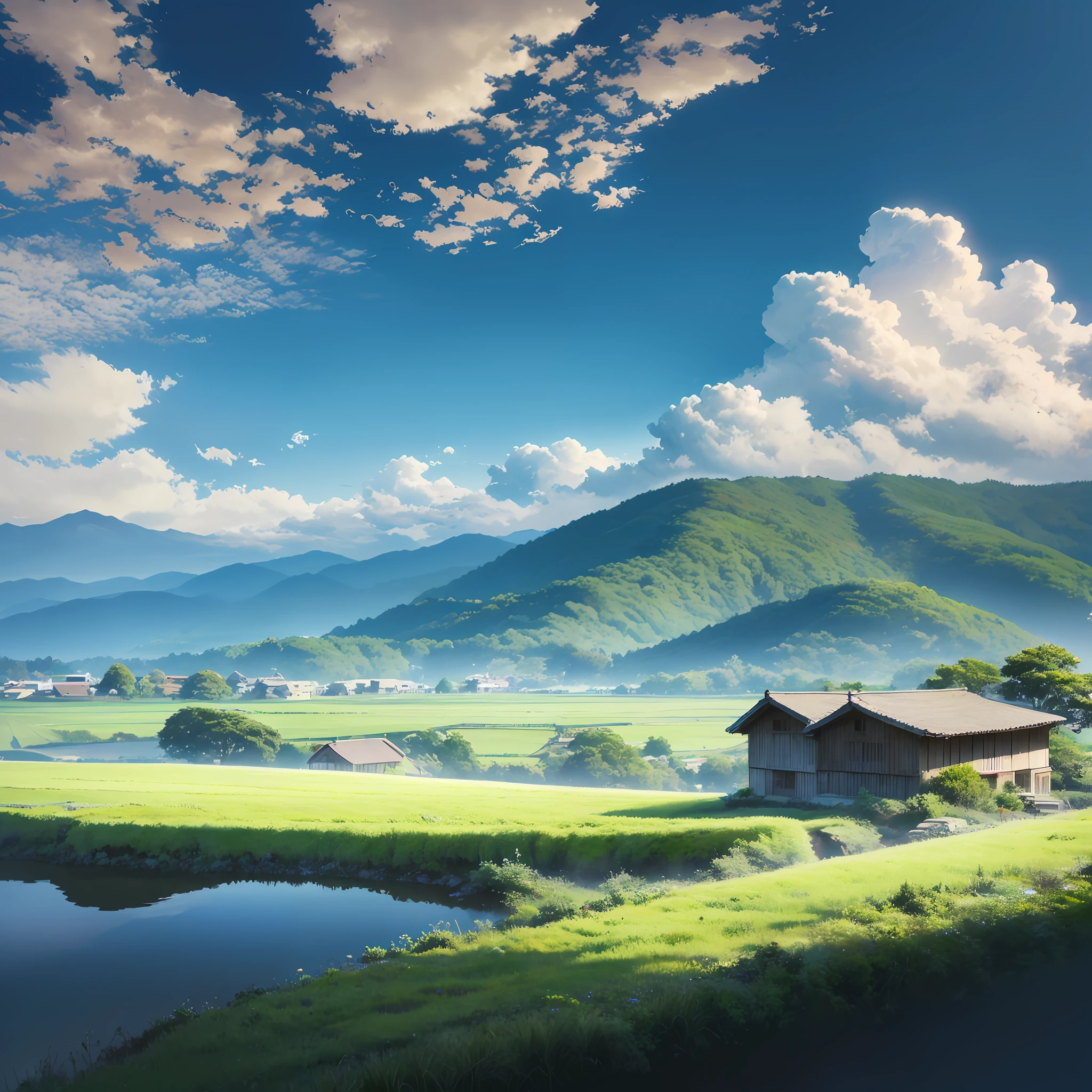 No people, background, summer vacation countryside, blue sky, entrance clouds, countryside, country house, mountains in the distance, animated background, high resolution, light source effectively, contrast, Japan countryside, Japan, paddy field, rice field