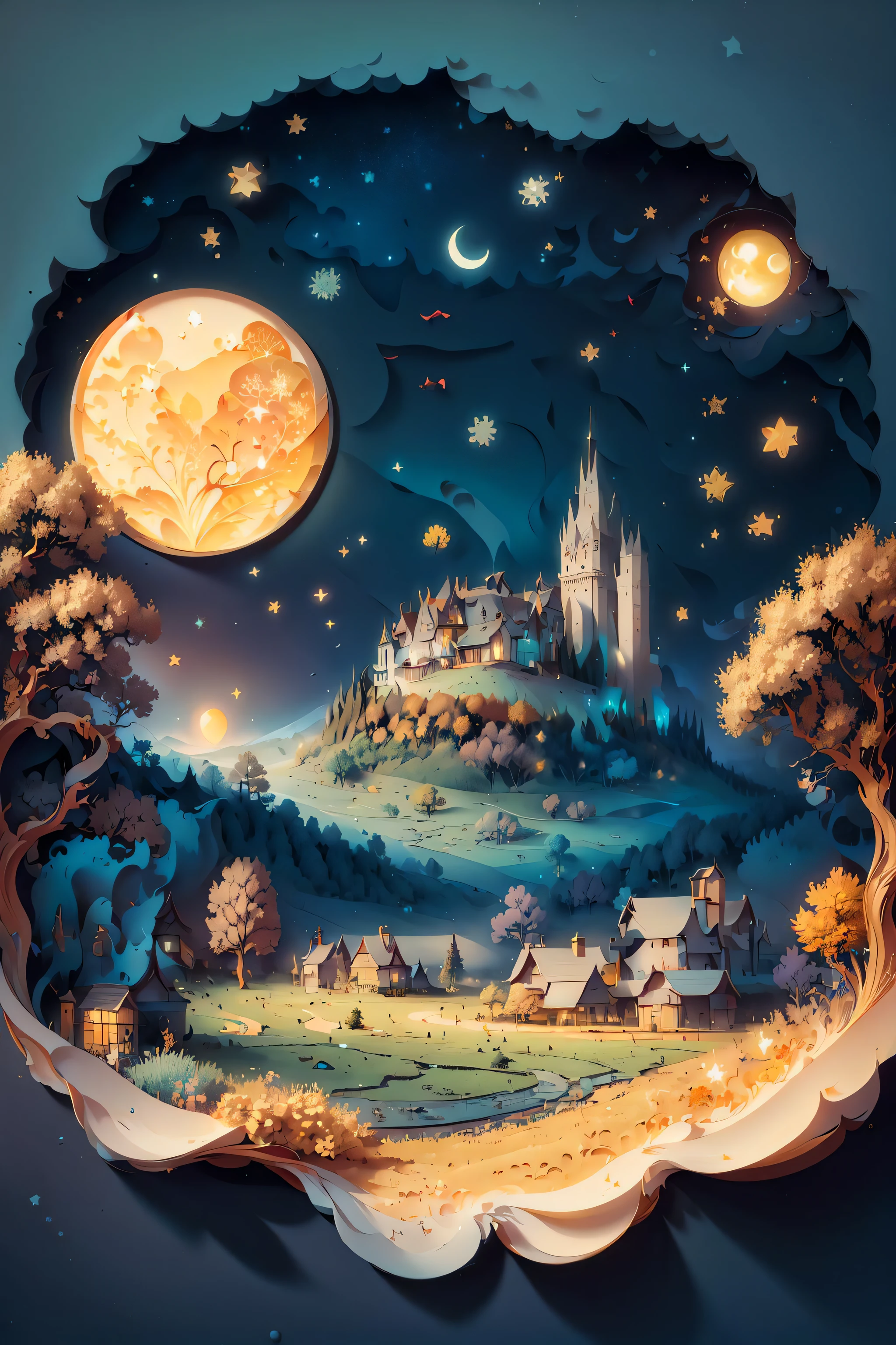 (((masterpiece))),bestquality,illustration,beautifuldetailedglow,
paper_cut, fantasy, simple background , no human, starry sky, vincent van gogh \(style\), trees,village, wheat field,