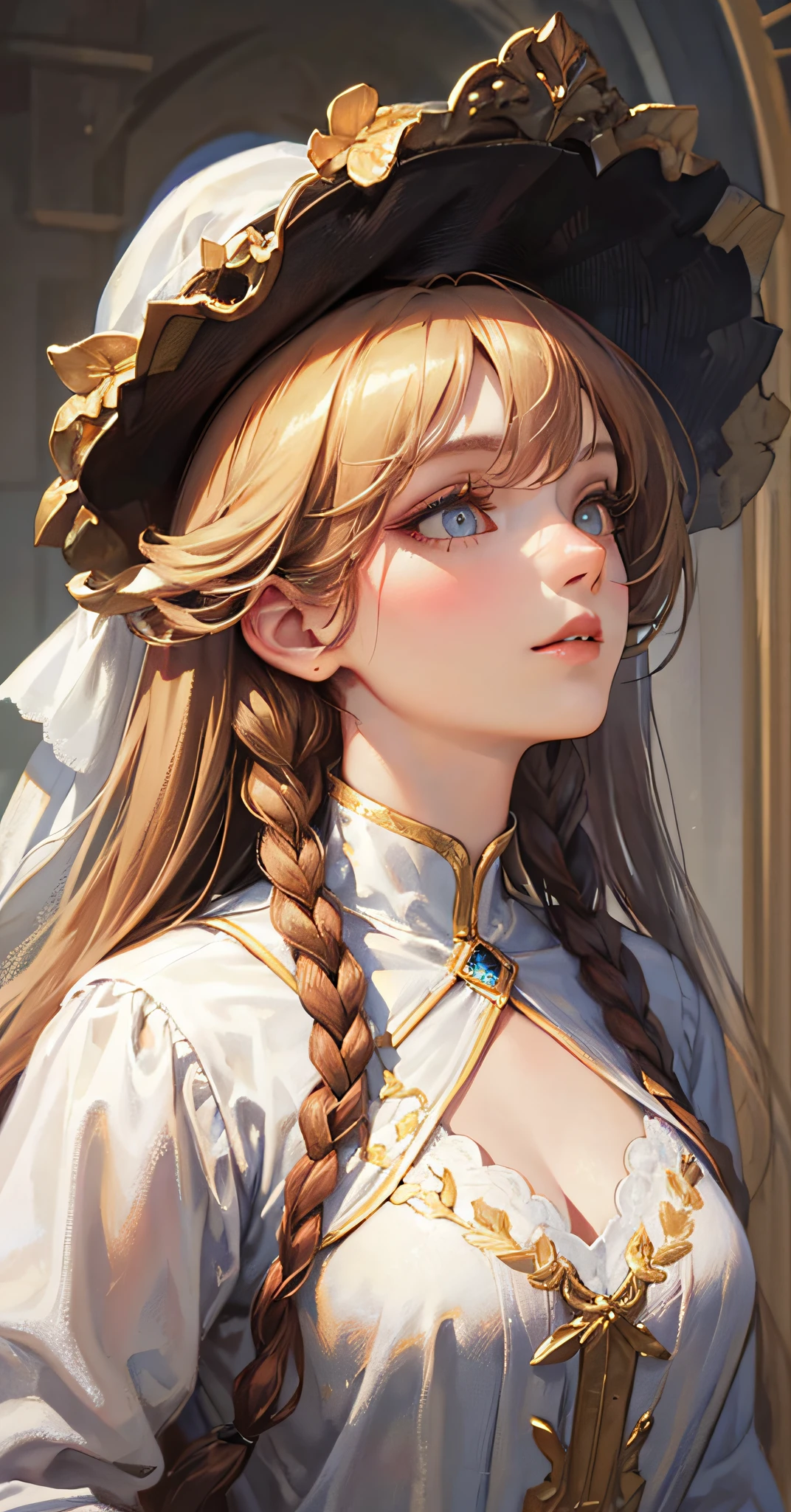 (8k, best quality, masterpiece: 1.2), (realistic, photorealistic photorealistic: 1.37), best quality, masterpiece, unity, an extremely delicate beauty, extremely detailed, medium breasts, fine details, masterpiece, masterpiece, golden eyes, white clothes, looking up, upper body, hair, hair, fair skin, side braids