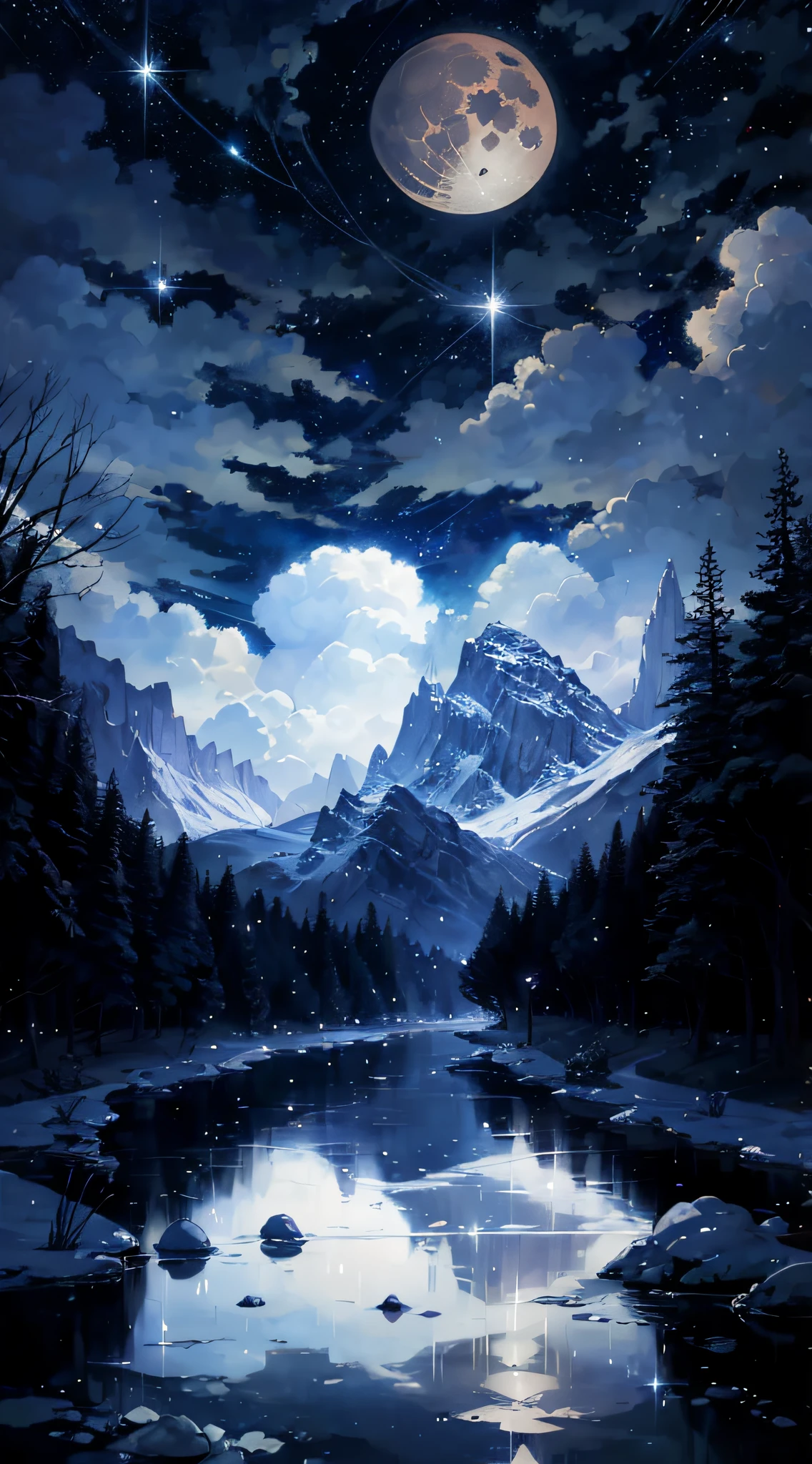 A painting of a river with stars and moon in the sky, concept art inspired by Tosa Mitsuoki, pixiv contest winner, best quality, fantasy art, beautiful anime scene, golden moon. A bright moon, starry sky environment under the moonlight, dream painting, anime background art, fantasy landscape art, dreamy night, anime background, background artwork, dreamy art, atmospheric anime, starry sky, details enhanced.