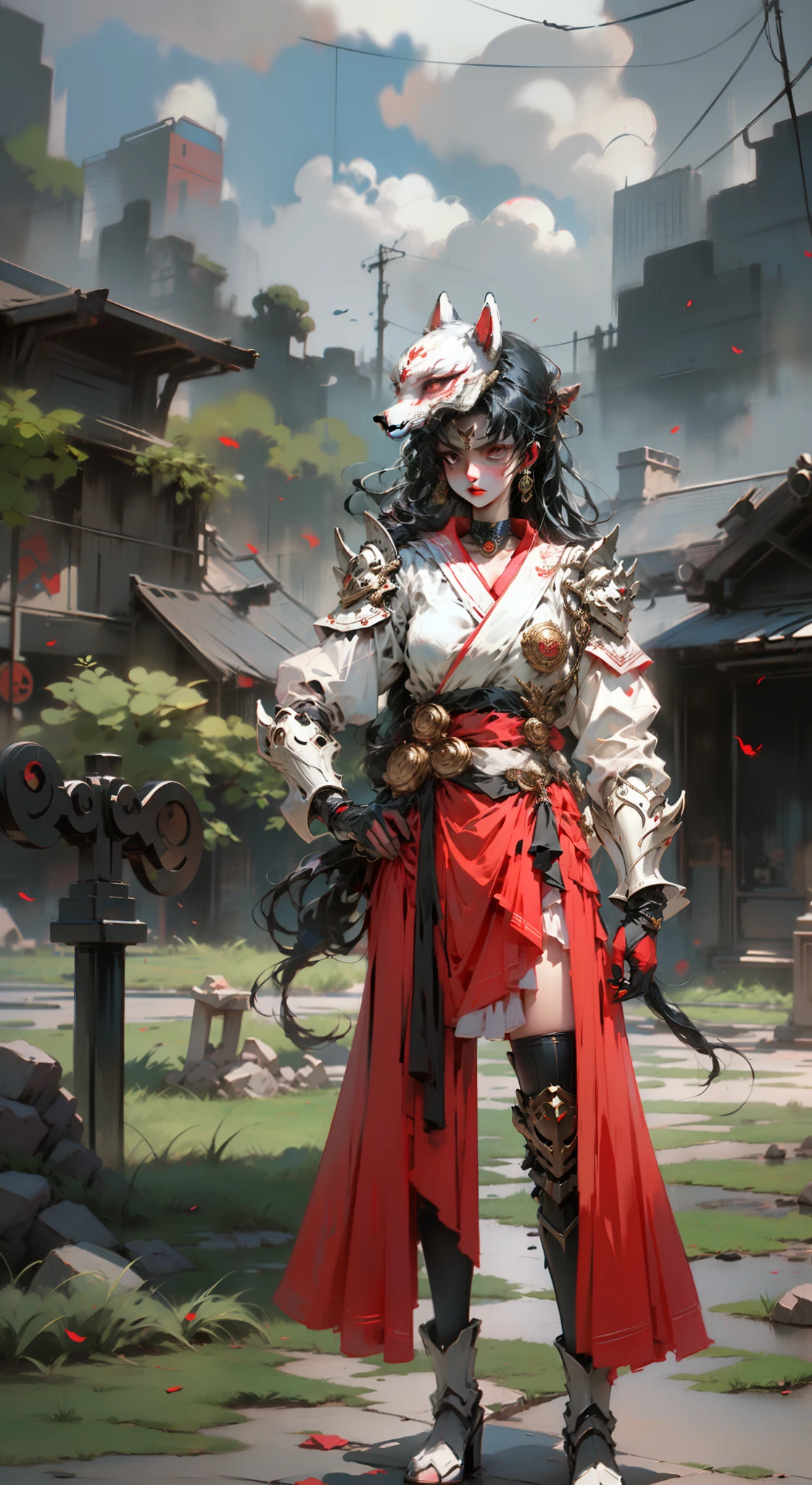 Goth,, girl, Oriental armor,4k, black hair with red tips, Fox mask on top of head