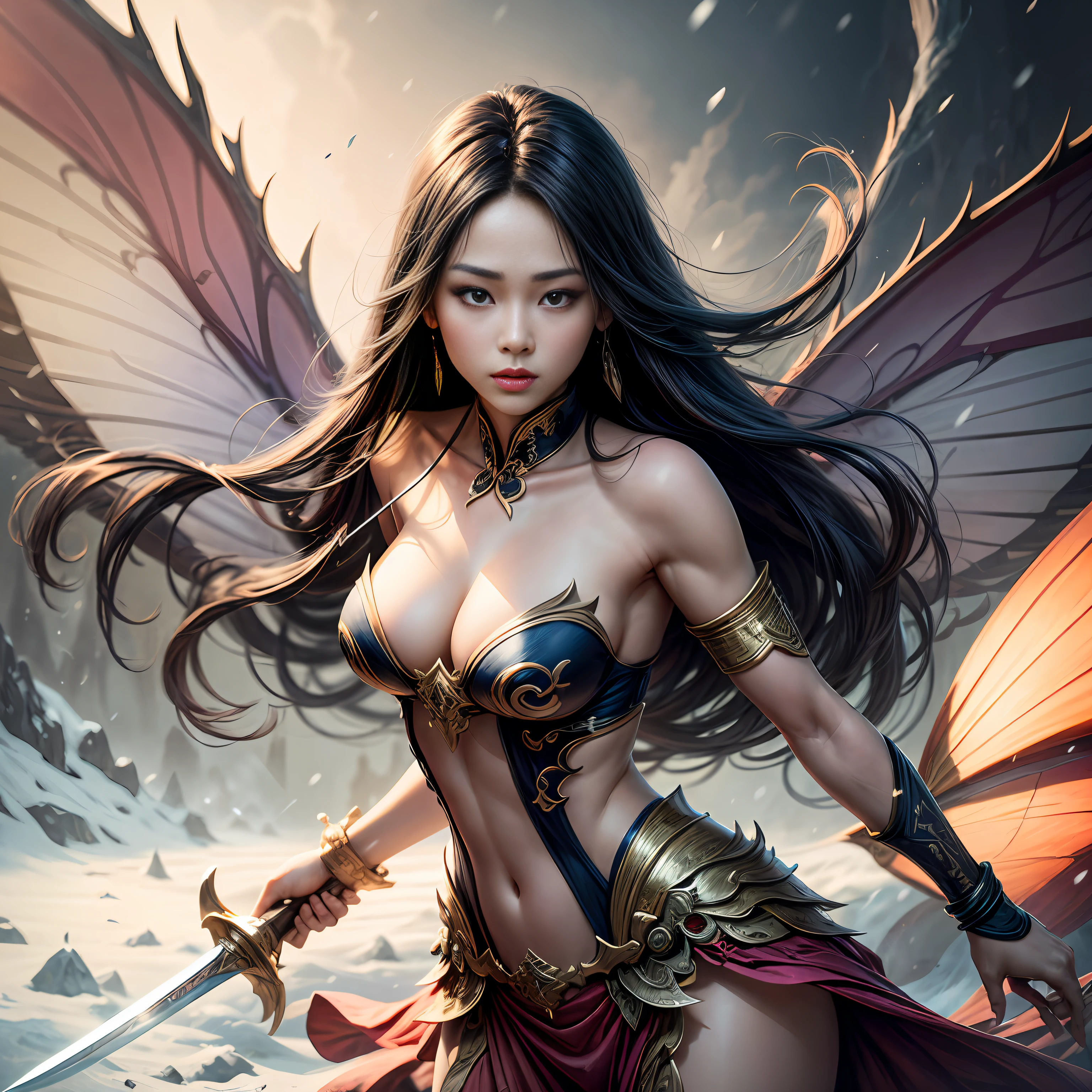 :A fairy oriental fairy with long hair
flying, holding a Chinese sword, (macro sword) iscasting magic, the ultimate flow of colorful
miasma around the sword body, evtreme flowx,snow hyper-realistic,-nji 5--ar 9:16#古风# --auto