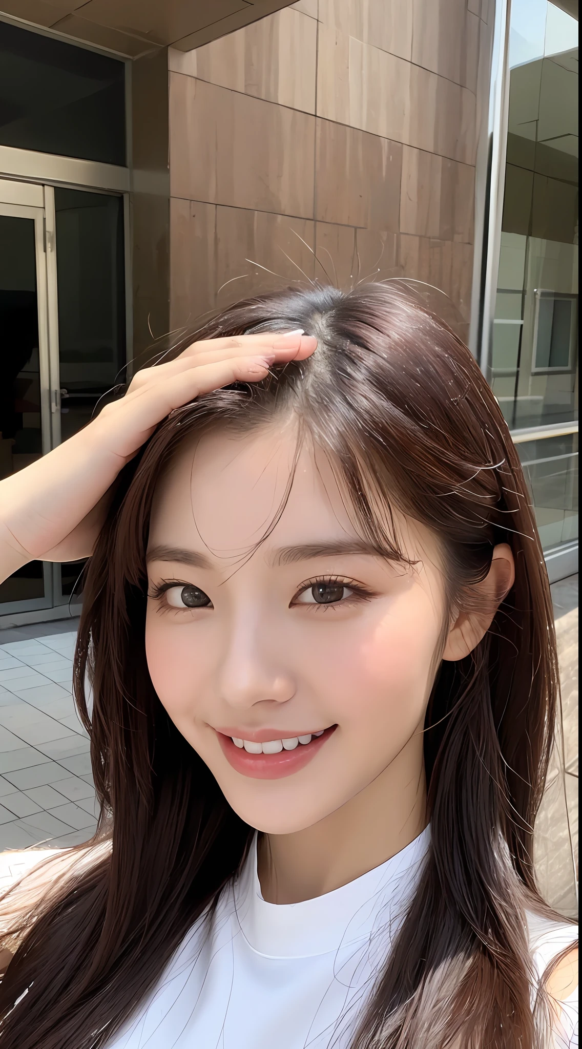 ((Top Quality, 8K, Masterpiece: 1.3)), Sharp Focus: 1.2, Beautiful Women in Perfect Shape: 1.4, Slim Abs: 1.2, (Layered Hairstyles: 1.2)), (Wet White Button Long Shirt: 1.3), Rain: 1.3, Street: 1.2, Wet Body: 1.1, Highly Detailed Face and Skin Texture, Detailed Eyes, Double Eyelids, Big, Smile, Raw Photo