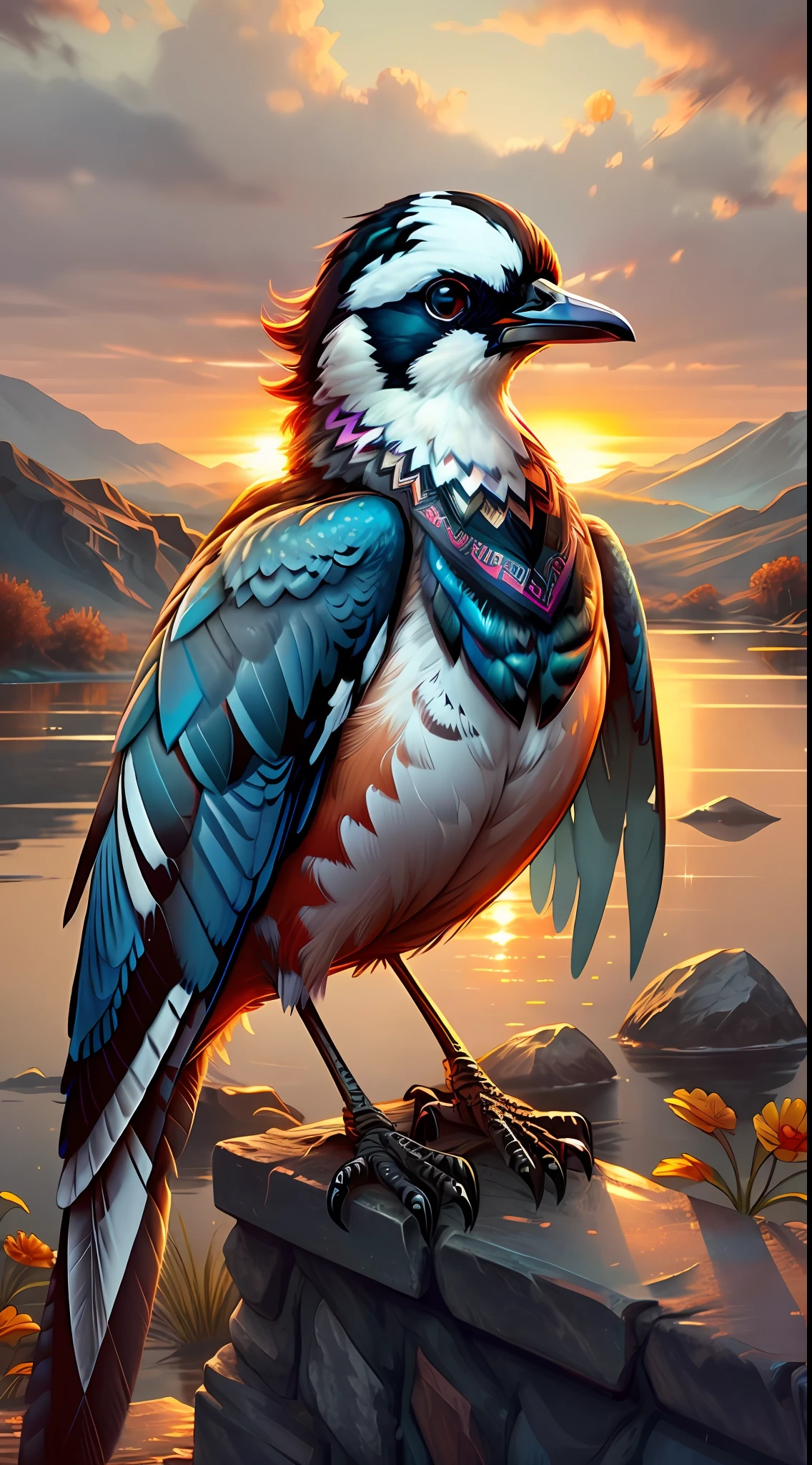 Magpie, a kind of bird, sunrise, 8k, beautiful, colorful, masterpiece, top quality, best quality, official art, beautiful and beautiful,